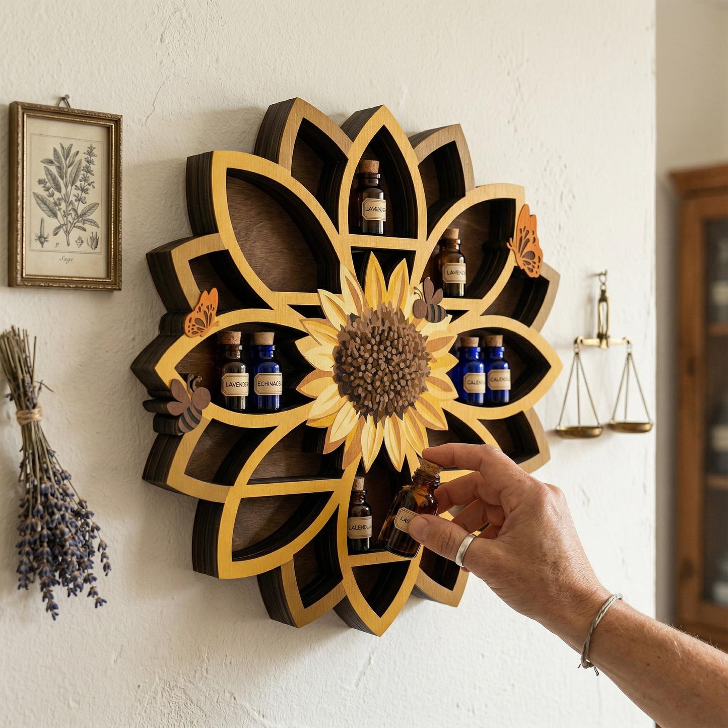Sunflower Gifts Sunflower Decor Wall Shelf for Women with Lifelike Flower & Bee Accents, Wooden Floating Shelves Trinket Crystal Display Shelf Boho Decor for Home Bedroom, Birthday Gift for Her