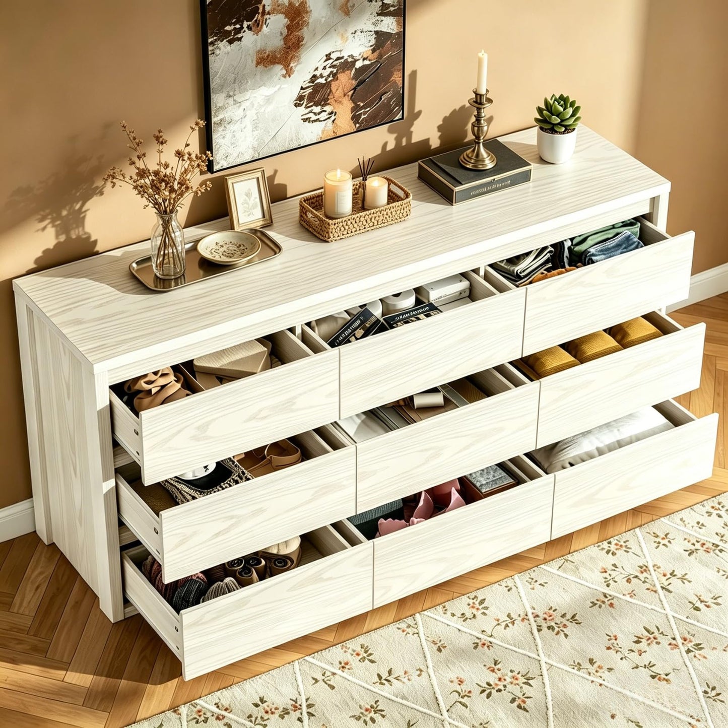 GarveeLife Wooden Dressers with 9 Drawers for Bedroom - White Chest of Drawers for Living Room - Large Modern 9-Drawer Dresser