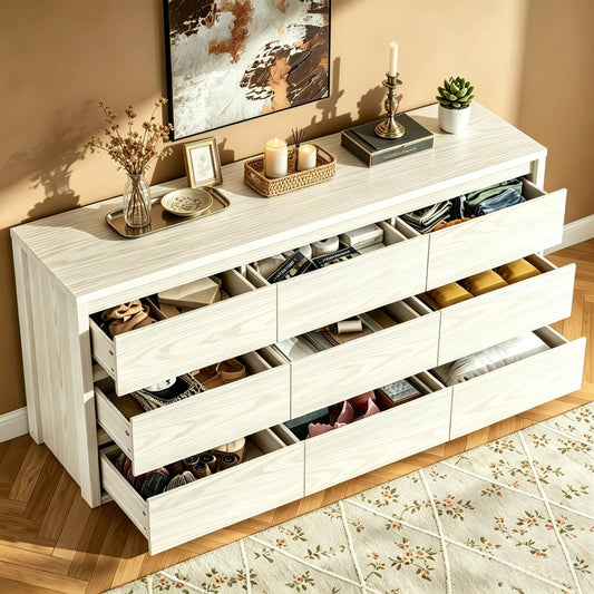 GarveeLife Wooden Dressers with 9 Drawers for Bedroom - White Chest of Drawers for Living Room - Large Modern 9-Drawer Dresser