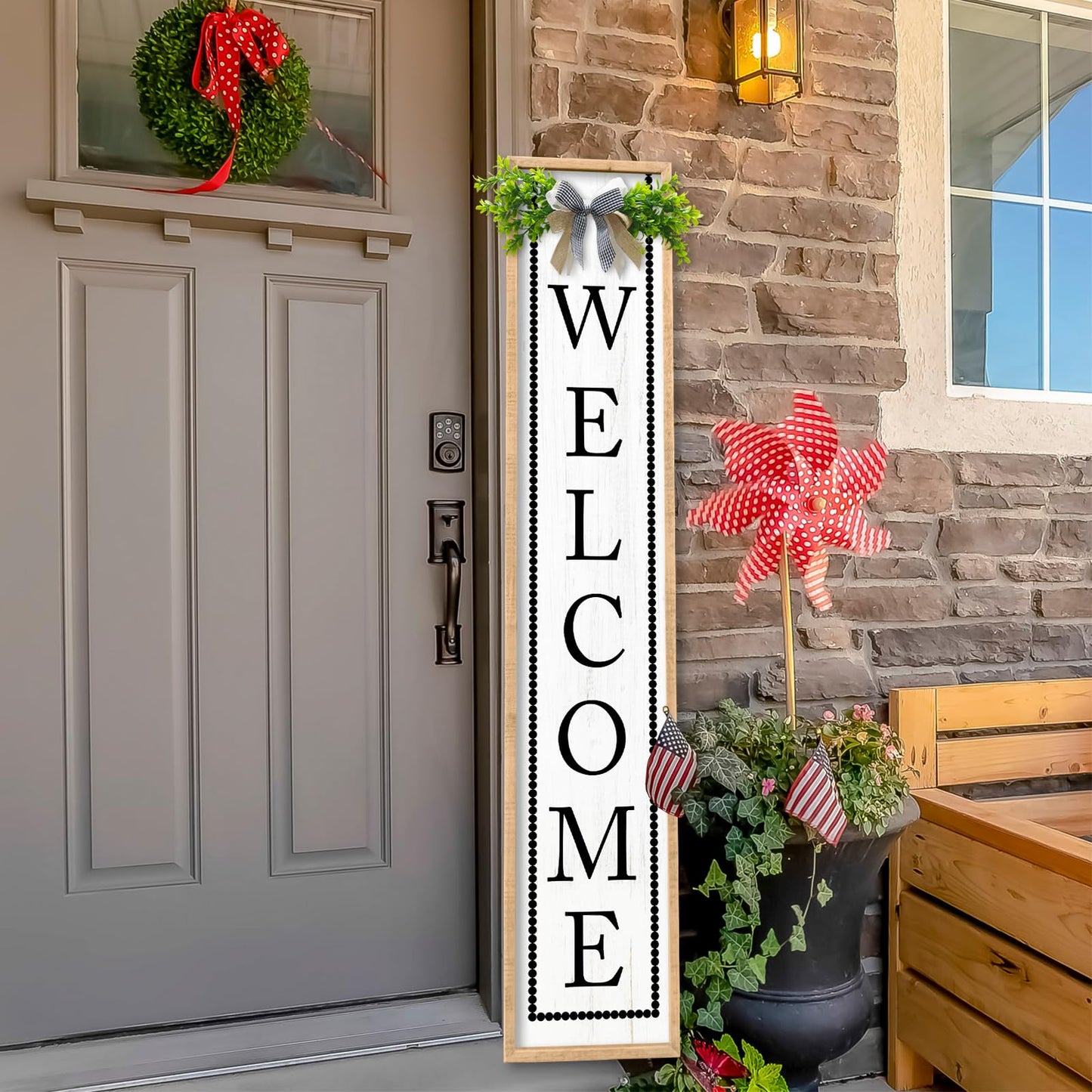 Aurapeak Welcome Sign for Front Porch Door Standing, Outdoor Large Wooden Home Rustic Farmhouse Yard Vertical Hanging Modern Entryway Plaques Outside Decorations (45"X9" Wood)
