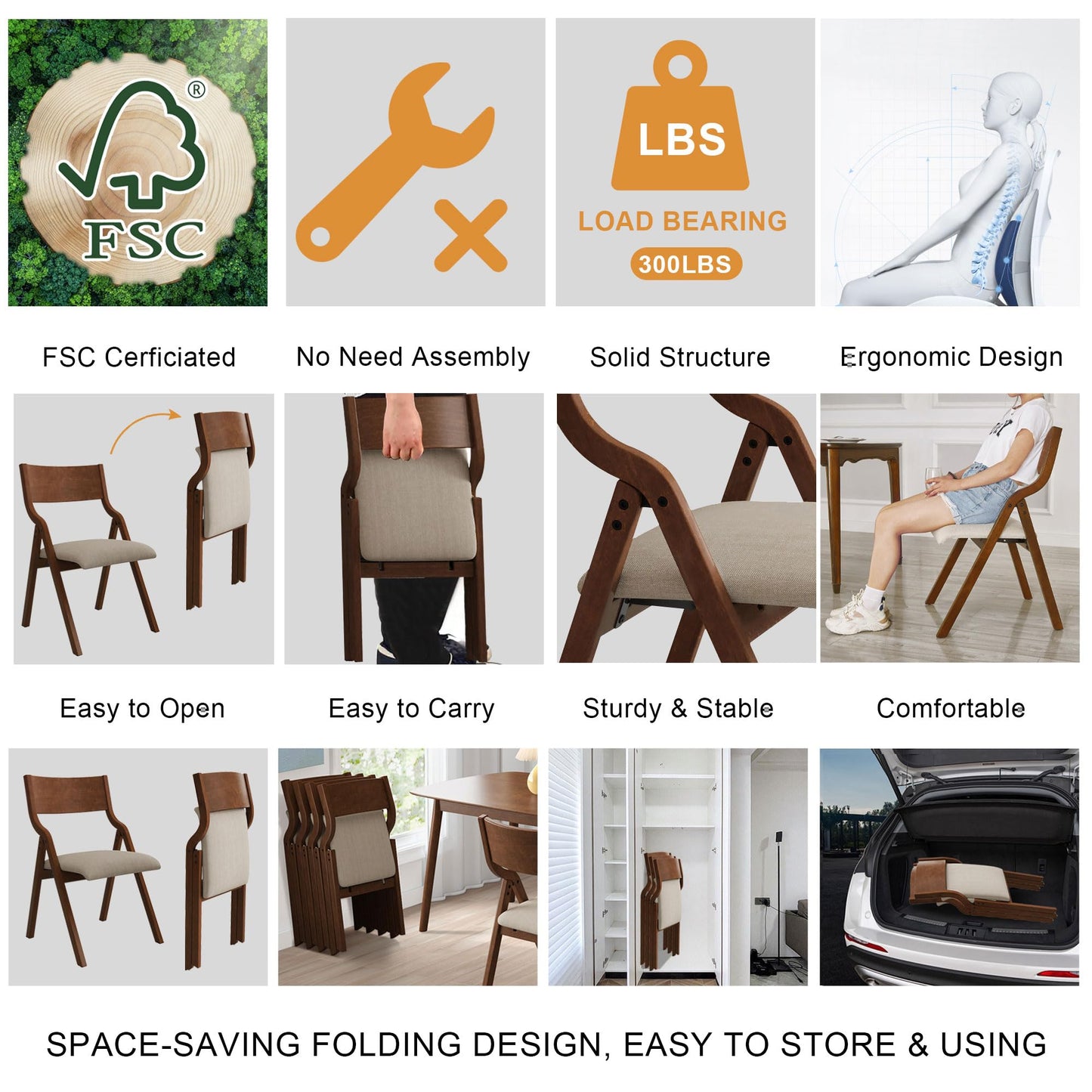 Ball & Cast Upholstered Folding Chairs Set of 2,with Padded Seat,Wooden Portable Dining Chairs W/Ergonomically Designed Back and Cushion,Easy Carry,No Need to Install,for Kitchen,Office,Walnut