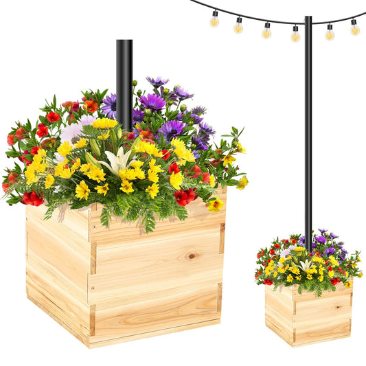 Wonderjune Large Decorative Wooden Planter 15.7" x 15.7" x 15.3" Umbrella Planter Solid Wood Garden Patio Box with Universal Rod Adapter Support for String Light Poles, Umbrellas (Without Pole)