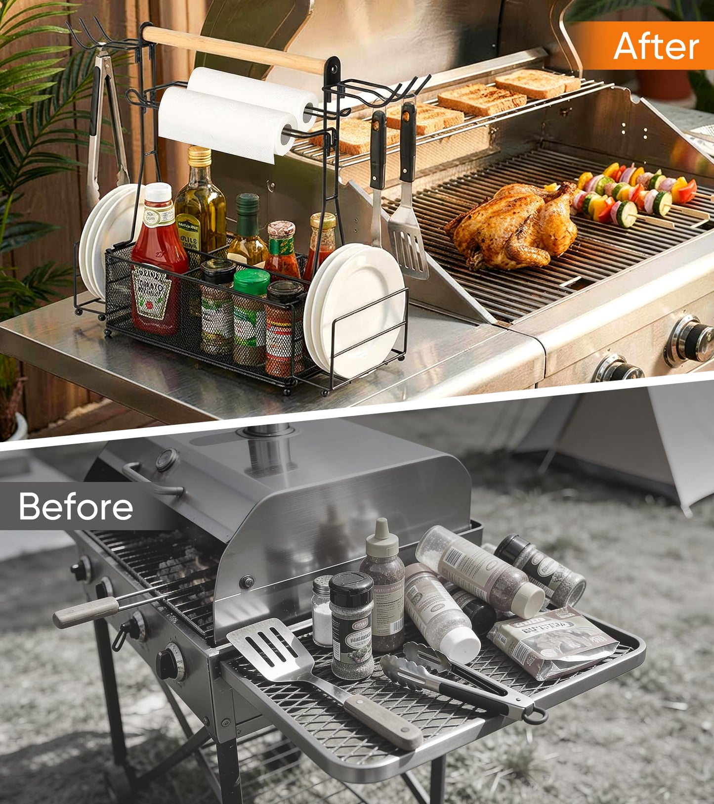 PWSOMJ Grill Caddy Barbecue Tool Sets for Outdoor Grill, Picnic BBQ Caddy Picnic Utensil Condiment Organizer, BBQ Accessories Camping Gifts with Paper Towel Holders, Compartments & Hooks