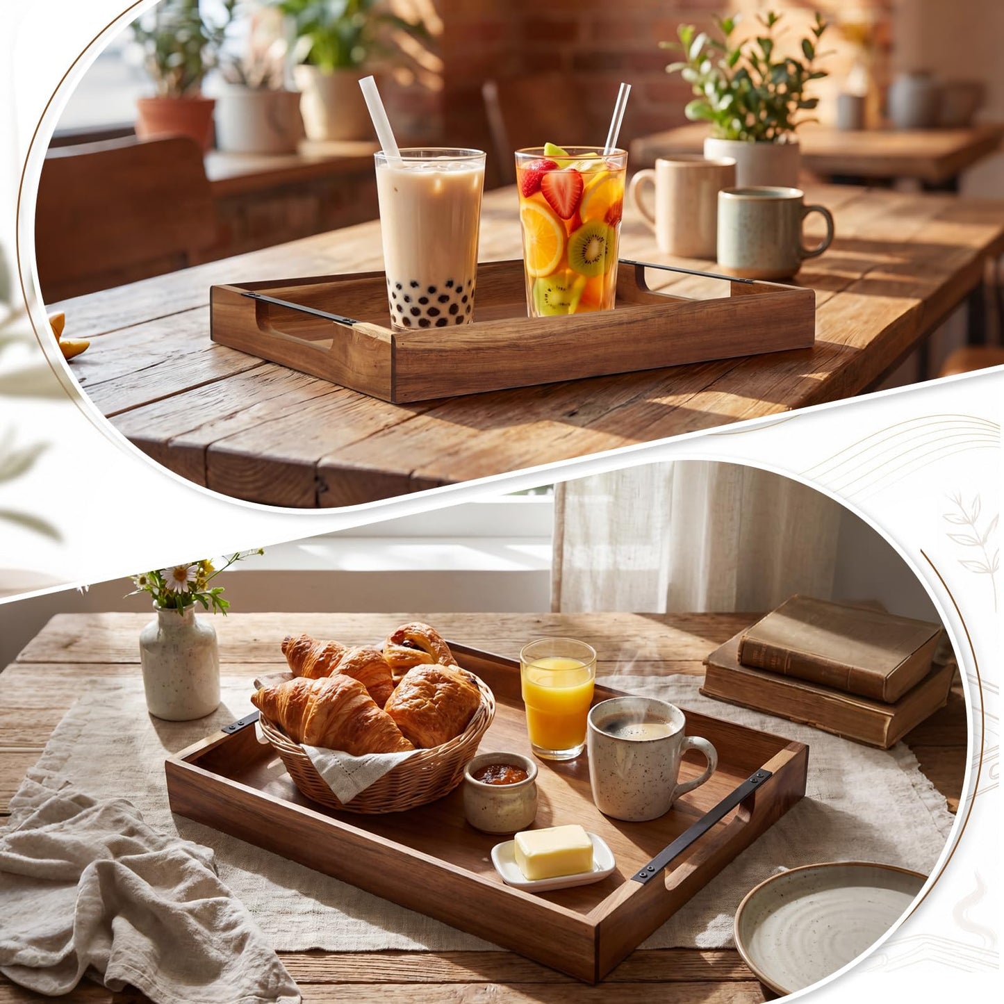 Sliner 2 Pcs Acacia Wood Serving Tray with Metal Handles, 17x13 Inch Large Ottoman Trays for Coffee Table, Breakfast in Bed, Dinner, Bar Serving, Farmhouse Decorative Storage Tray for Ottoman, Kitchen