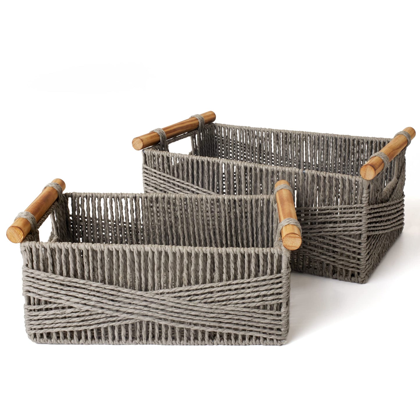 LA JOLIE MUSE Wicker Storage Baskets for Organizing, Recyclable Paper Rope Basket with Wood Handles, Decorative Hand Woven Basket Organizers for Makeup Books Shelves Living Room, Grey, Set of 2