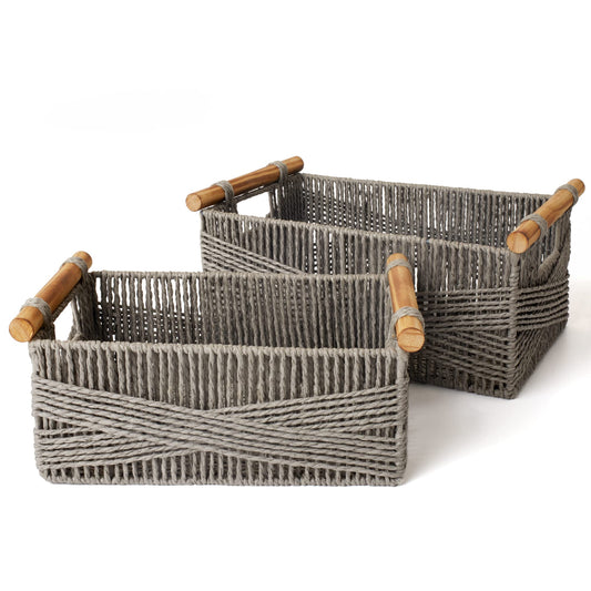 LA JOLIE MUSE Wicker Storage Baskets for Organizing, Recyclable Paper Rope Basket with Wood Handles, Decorative Hand Woven Basket Organizers for Makeup Books Shelves Living Room, Grey, Set of 2