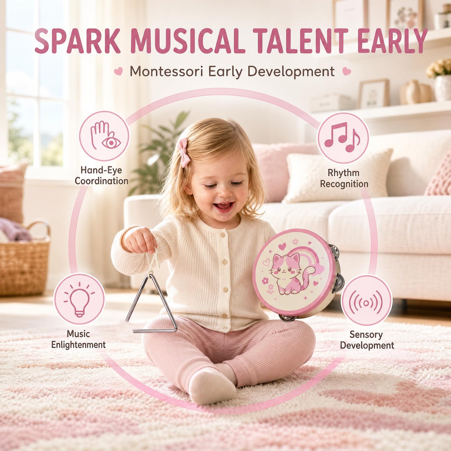 Soundo Kids Musical Instruments Set - 7P Toddler Ukulele for 2+ Year Old Boys Girls, Birthday Gifts for Kids 2 - 5, Christmas Wooden Toys, Party Kit with Ukulele, Maracas, Tambourine (Pink)