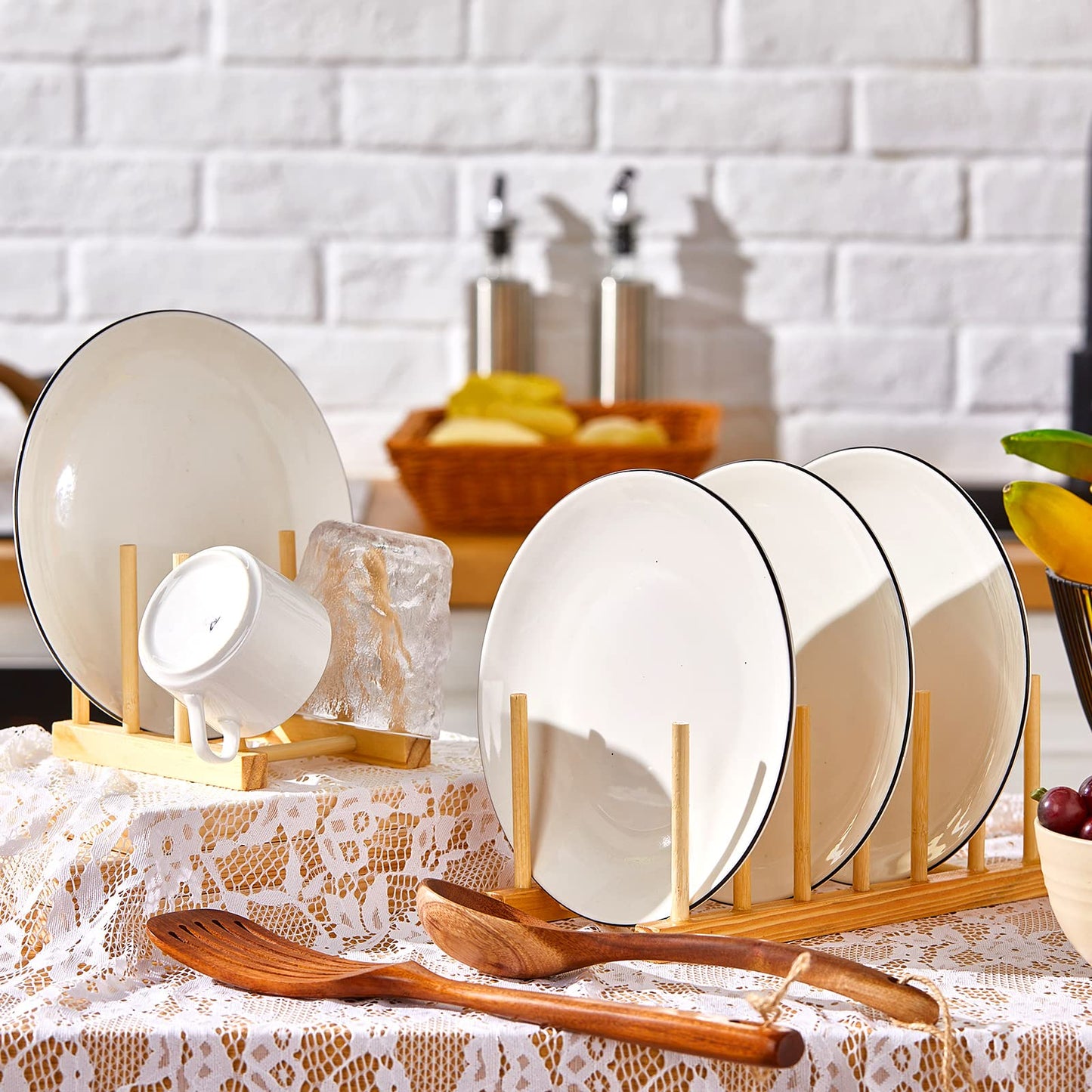 Zopeal 18 Pcs Bamboo Wooden Plate Racks Dish Rack Stand Holder 3/6/ 7 Slots Drainboard Drying Drainer Kitchen Cabinet Organizer for Dish Plate Bowl Cup Pot Lid Book