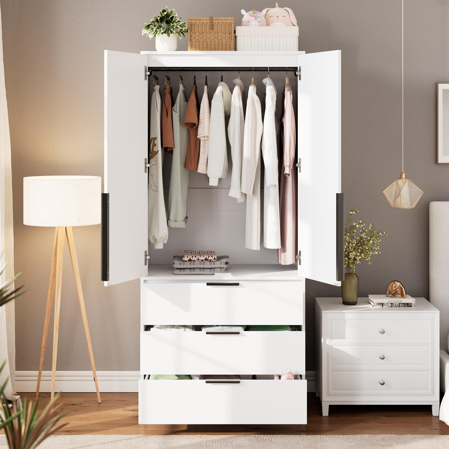 GarveeHome Armoire Wardrobe Closet, 69.5 in Wooden Wardrobe Cabinet with 3 Drawers, Hanging Rod, 2 Doors Clothing Storage Cabinet for Bedroom, Large Capacity Storage, Rattan Door, White