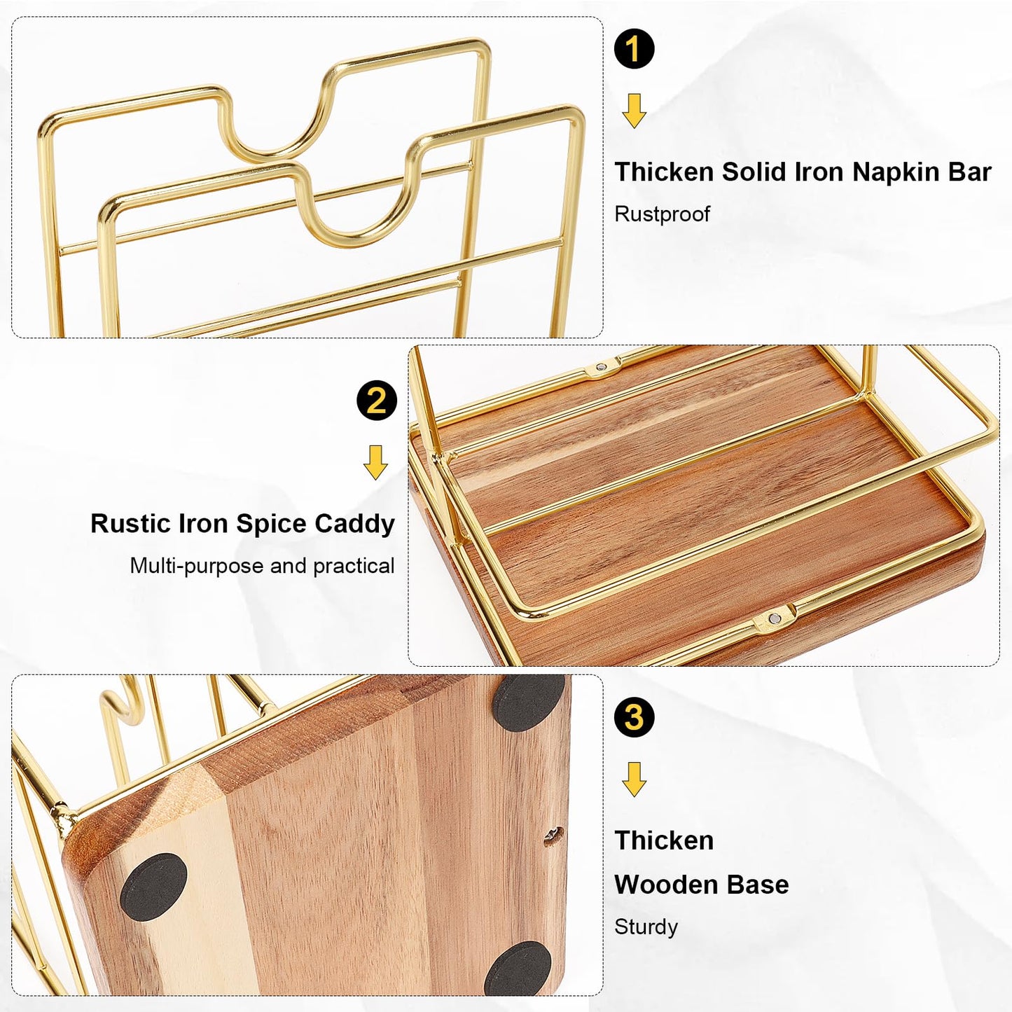 Livabber Napkin Holder, Metal Napkin Storage with Salt and Pepper Shakers Caddy Modern Napkin Dispenser for Table Kitchen Countertop, Not Including Salt and Pepper Shakers (Middle Wooden, Gold)