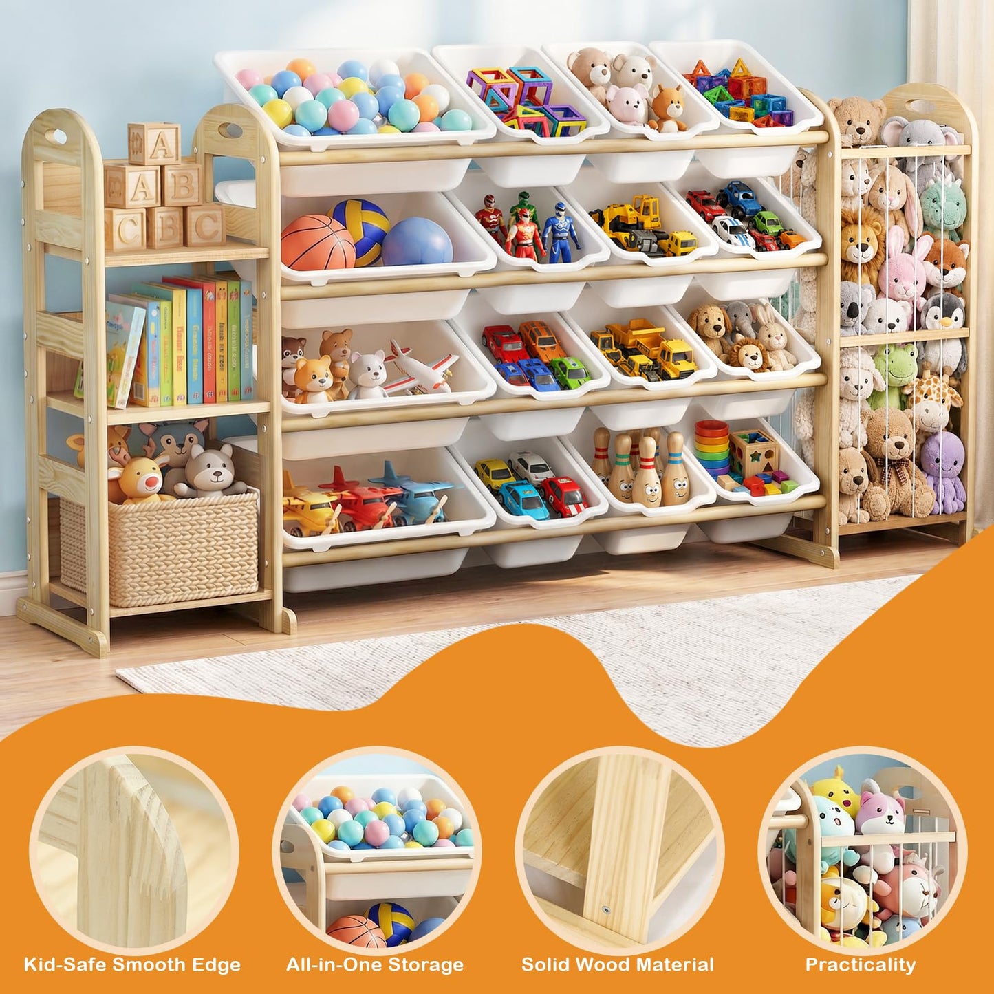Large Kids Toy Storage Organizer, Toy Organizers and Storage with Stuffed Animal Storage, Toy Storage Shelf with 3 Shelves, 16 Storage Bins, Kids Bookshelf, Toy Holder for Playrooms, Bedrooms, White