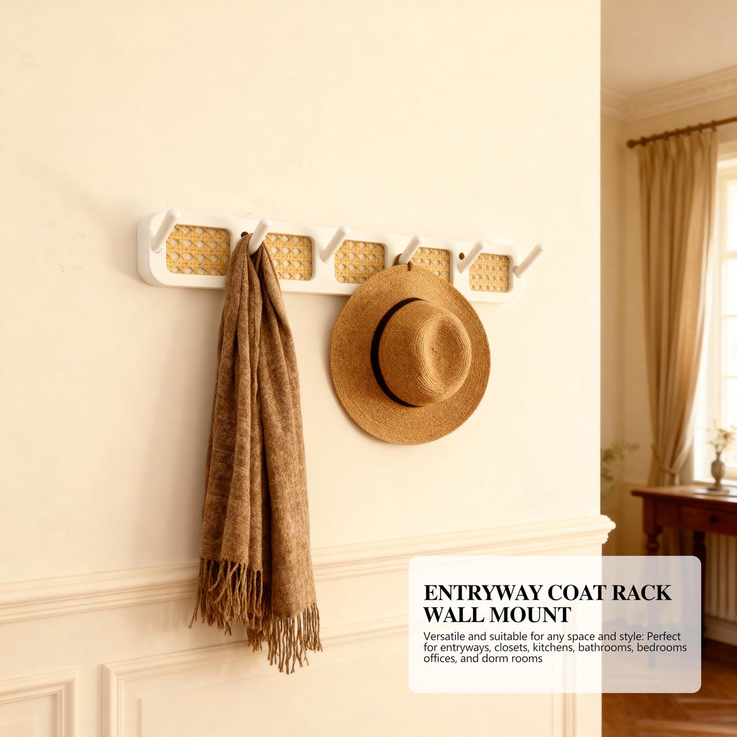 Shamgzuu Coat Rack Wall Mount, Rattan Coat Hooks Hanger Wall Mounted, 6 Heavy Duty Bamboo Hooks Rack Rail for Hanging Clothes Hats Bags Jacket Towels Plants, White (White)
