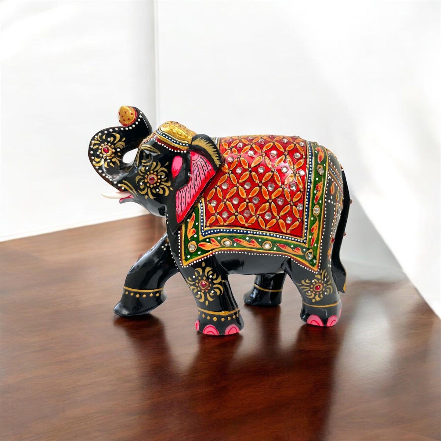 Modern Handcrafted Wooden Elephant Figurine – Trunk up Design with Gemstone Accents | Artistic Decorative Elephant Statue for Home Decor, Office, Gifts – Symbol of Protection & Wisdom (Black & Gold)