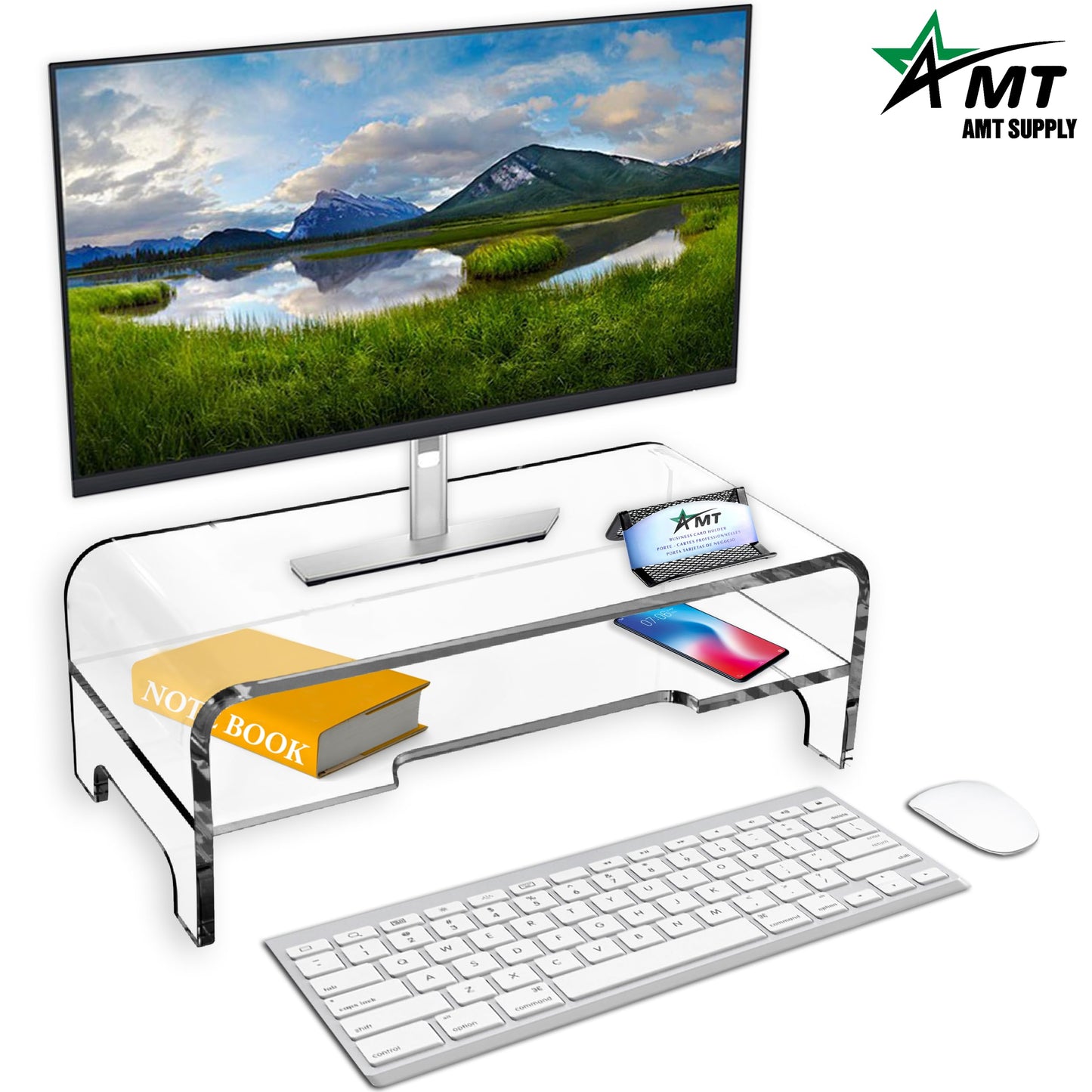 AMT Clear Acrylic Monitor Stand Riser 2 Tier, 5.5 Inches High Clear Computer Desk Organizer Shelf for Multi Media PC Storage Laptop