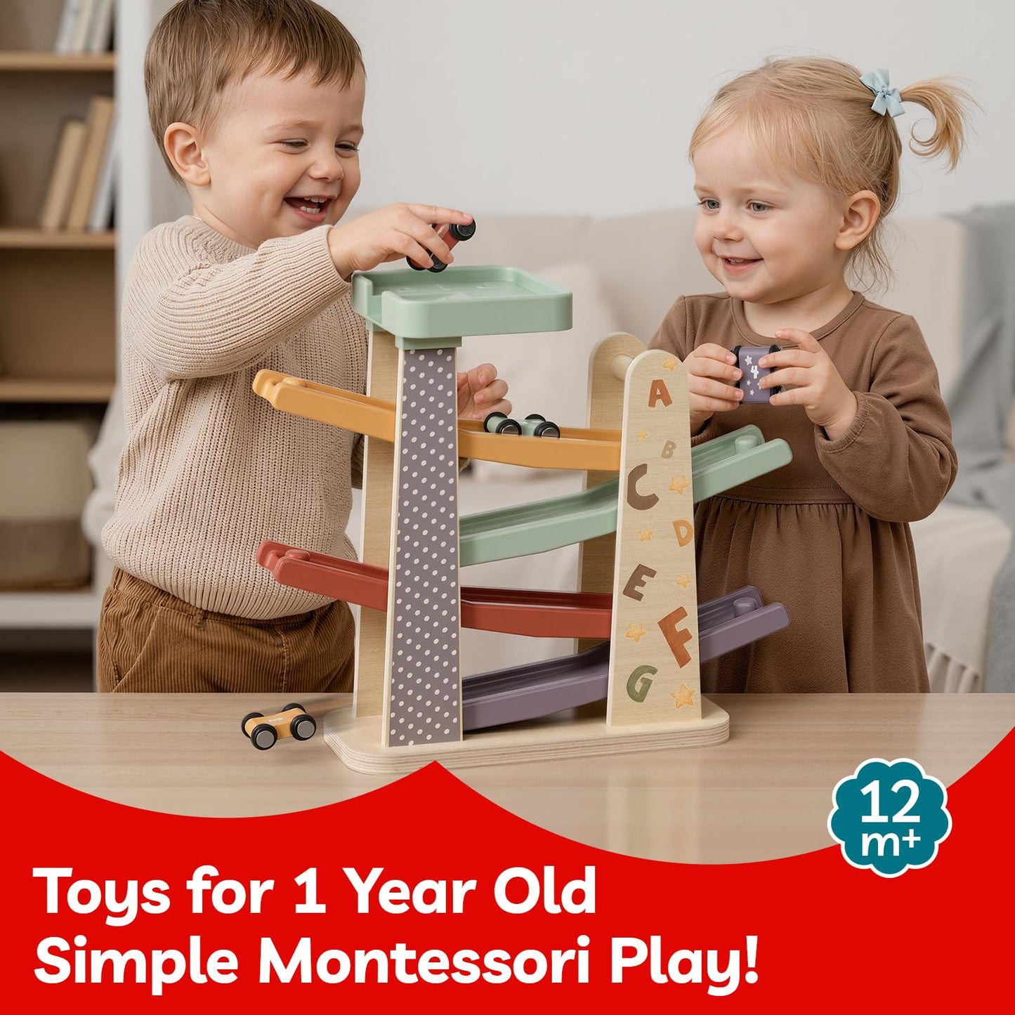 TOPBRIGHT Baby Toys for 1 Year Old Boy Gifts, Wooden Car Ramp Race Track Set, Car Toys for Toddlers with 4 Cars and a Garage, Montessori Toys for 1 Year Old Boy Girl, Birthday Gift for Age 12+ Month