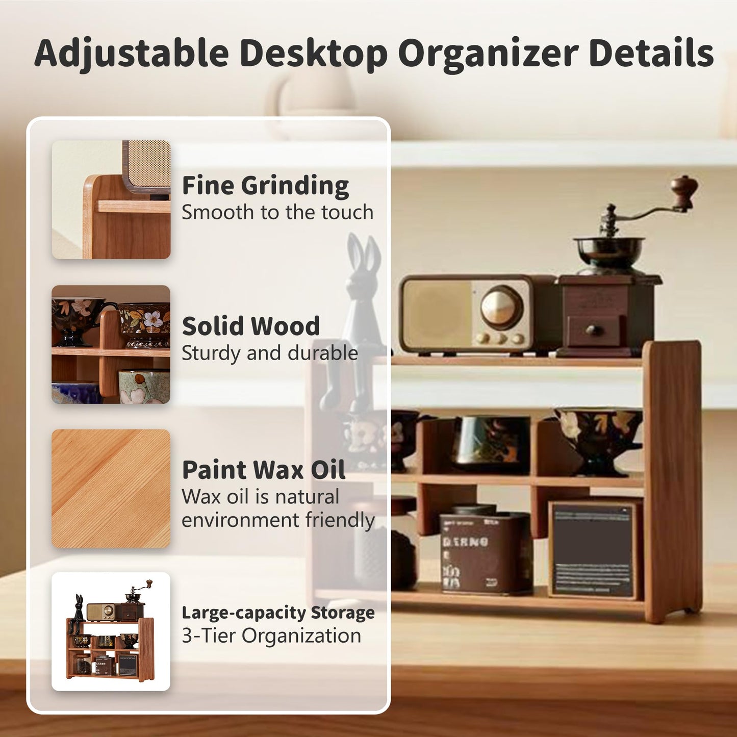 KAOTGOT Coffee Cup Holder for Countertop Walnut Wood Coffee Mugs Holder for Kitchen Mug Display Rack (3-Tier wood B)