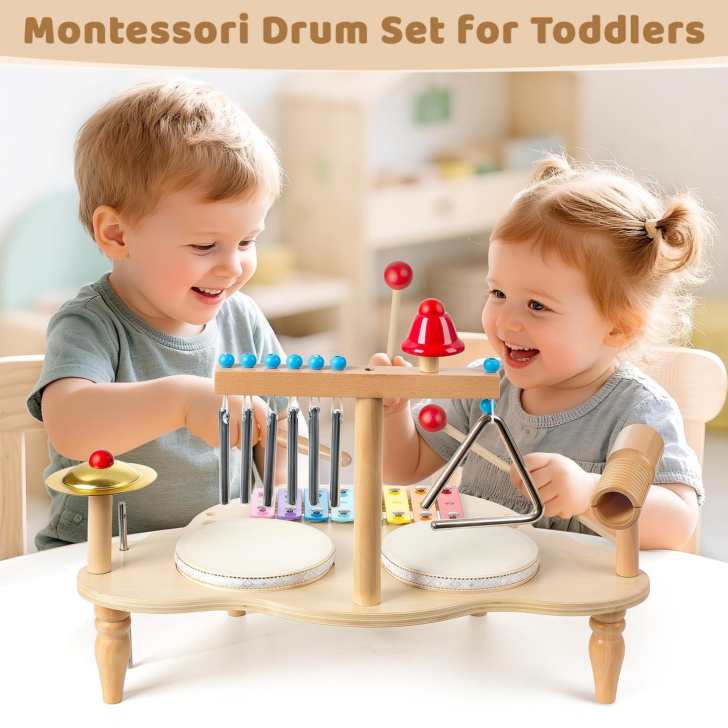 Baby Drum Set for Toddlers 1-3, Wooden Musical Percussion Instruments with Xylophone, Kids Drumset Educational Montessori Music Toys Birthday Gift for Boys Girls