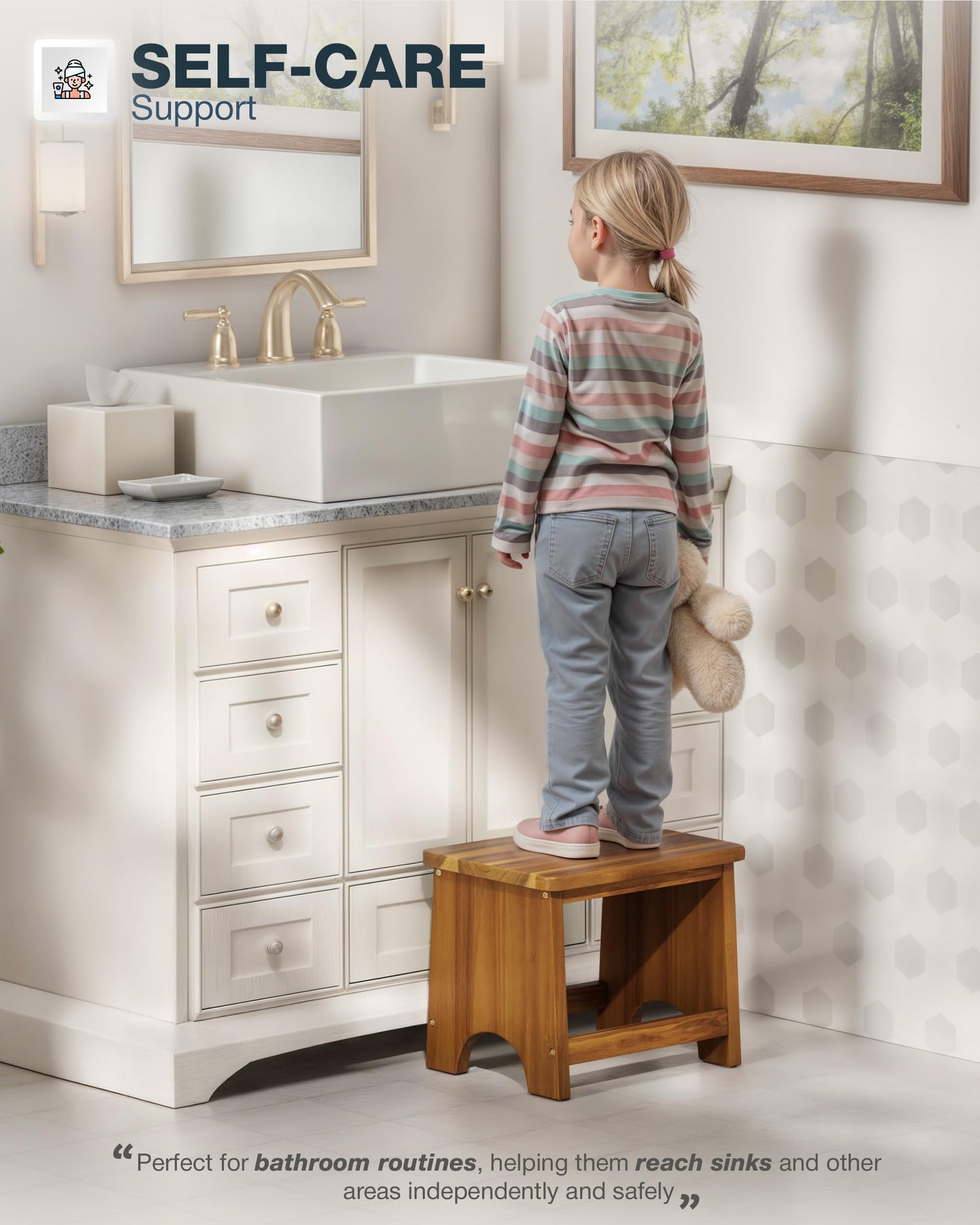 FANATU Wooden Step Stool, 13'' Non-Slip Heavy Duty Stepping Stool for Adults with Handle, Nonslip & Durable Design Supports up to 500lbs for Bedroom or Kitchen