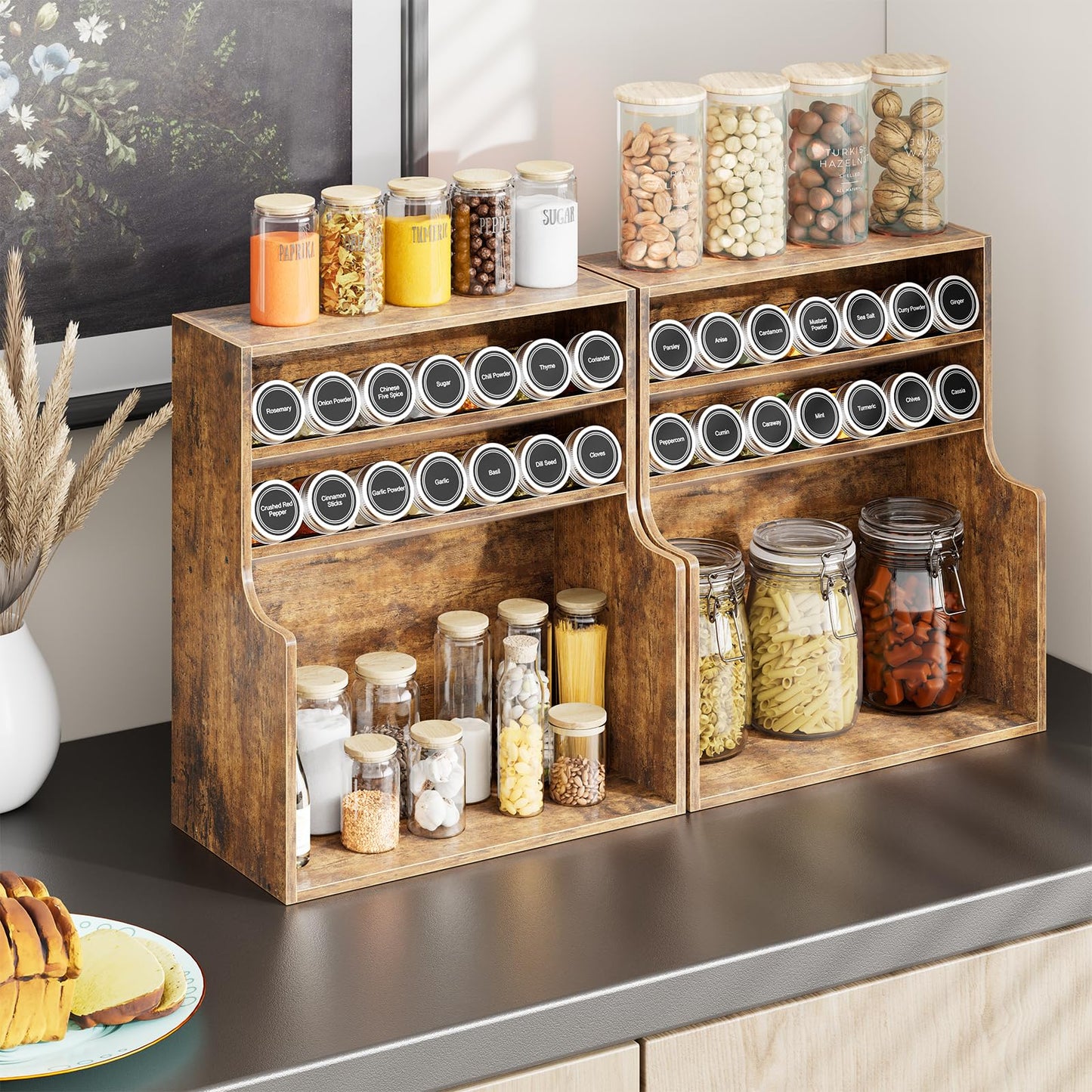 Simple Trending Spice Rack Organizer, 3 Tire Wood Kitchen Counter Shelves, Large Capacity Seasoning Storage Shelf for Countertop, Pantry, Kitchen, 7” W × 14.3” H, Brown