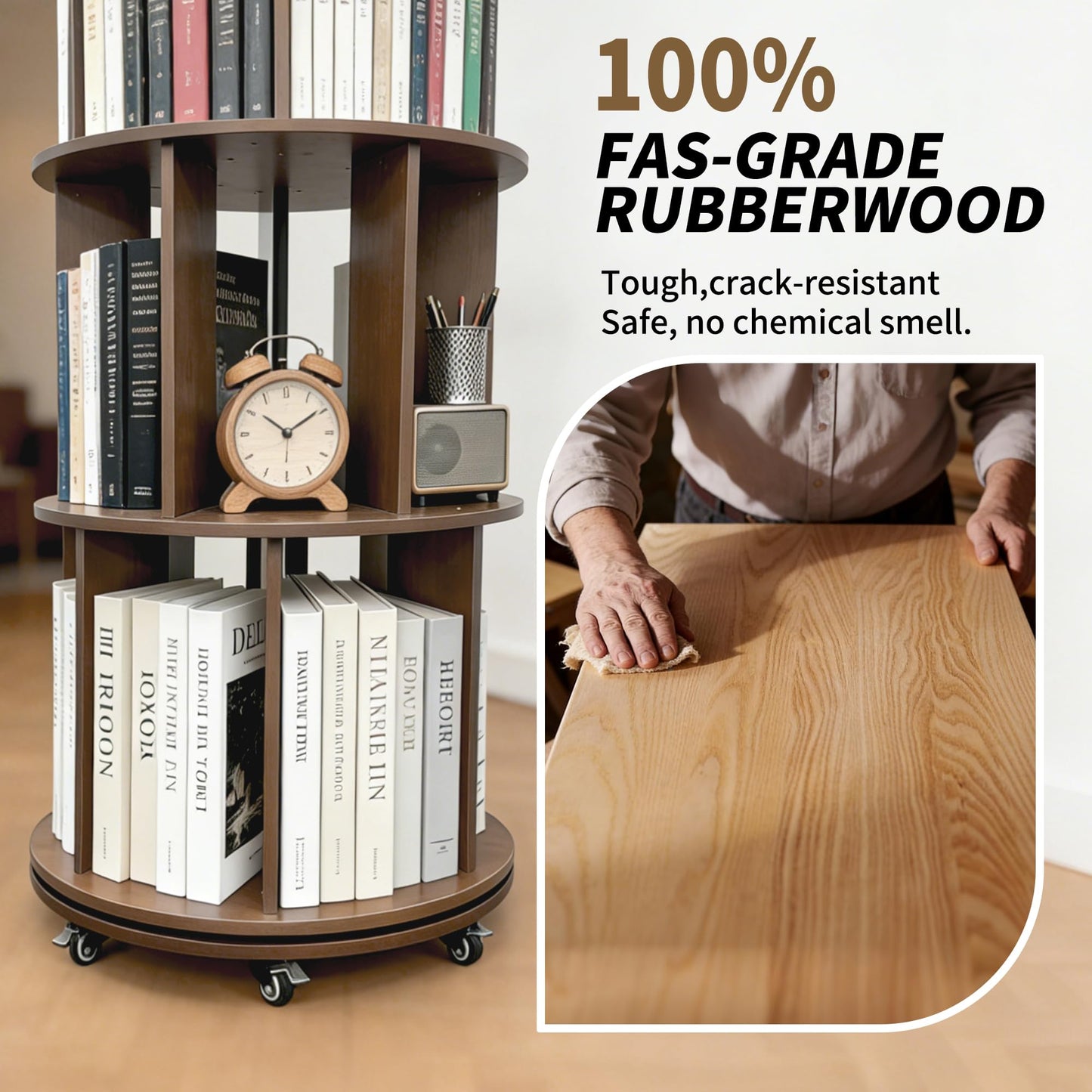 Kryonix Rotating Bookshelf, Solid Wood 5 Tier Spinning Book Shelf Tower, 360° Revolving Bookcase on Wheels, Corner Round Rolling Bookshelves for Small Spaces, Bedroom, Office, Kids Room (Walnut)