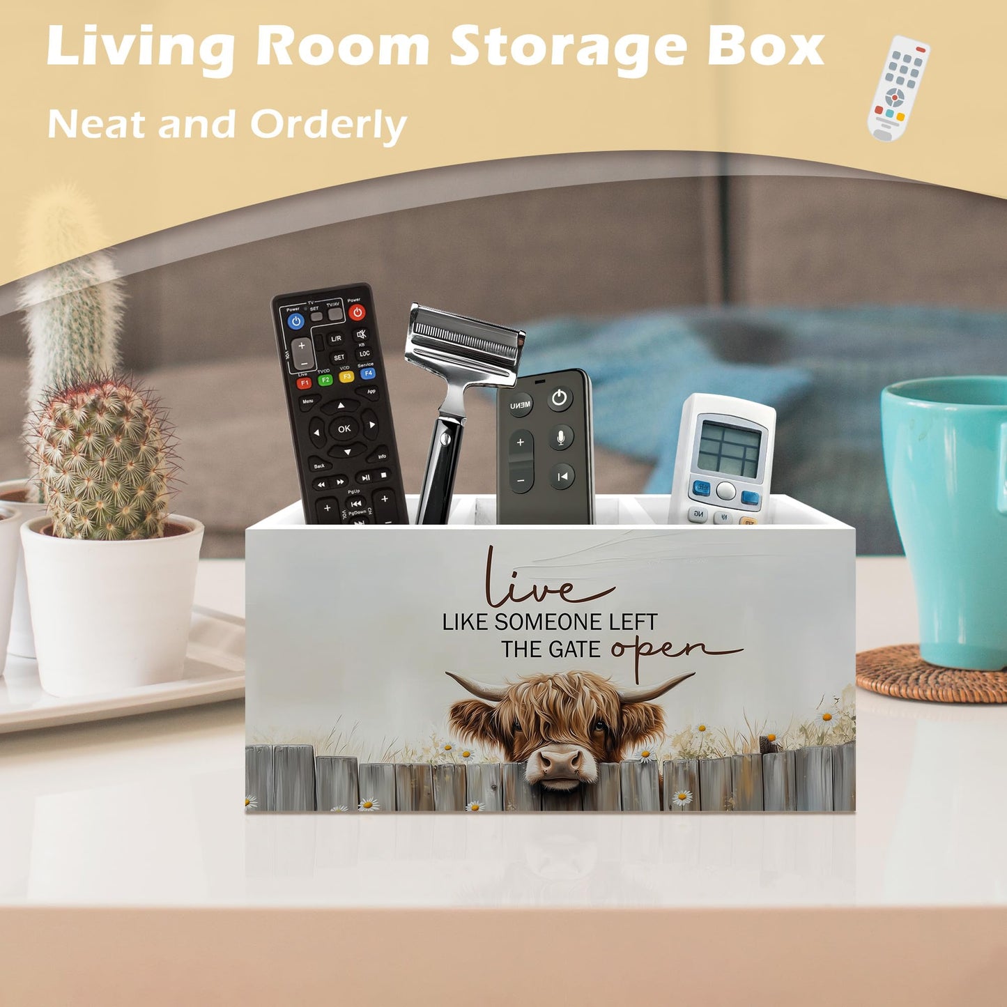 ANIANG Farmhouse Highland Cow Pen Holder Organizer Desk Decor, Highland Cow Gifts for Women, Live Like Someone Left the Gate Open Wooden Pen Pencil Holders for Home Office Desk Accessories
