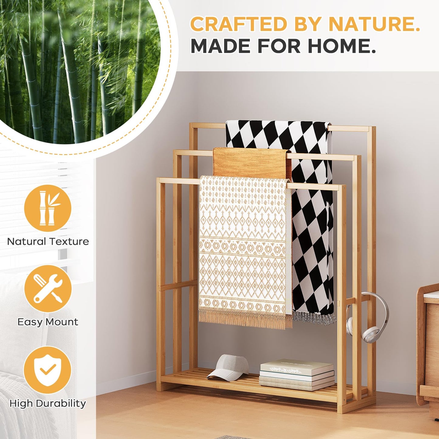oakvivo Free Standing Towel Rack, 3 Tier Bamboo Blanket Rack for Bathroom, Blanket Drying and Display Racks with Shelf, Blanket Holder for Oversized Bath Towels (Natural)