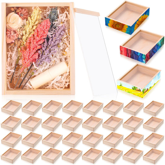 Thyle 48 Pcs Unfinished Wood Display Boxes with Acrylic Lids 6.3 x 4.9 x 1.8 Inch Unfinished Wood Boxes Crafts Gift for Flower DIY Wedding Party Favor Supplies