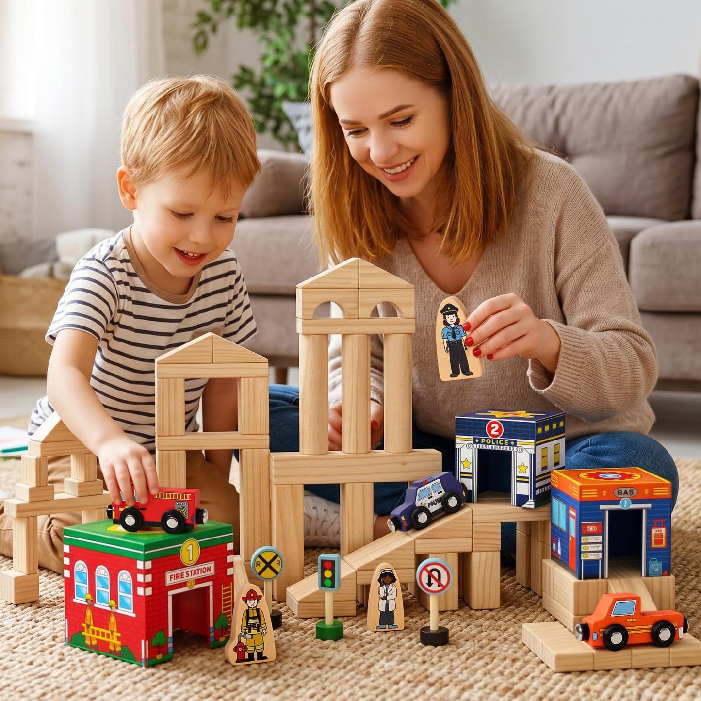 Atoylink Kids Building Blocks for Toddlers 1-3, 108Pcs Wooden Stacking Toys with Community Helpers & Magnetic Wooden Cars Signals, Baby Nesting Boxes Preschool Learning Toys for Boys Girls Gift
