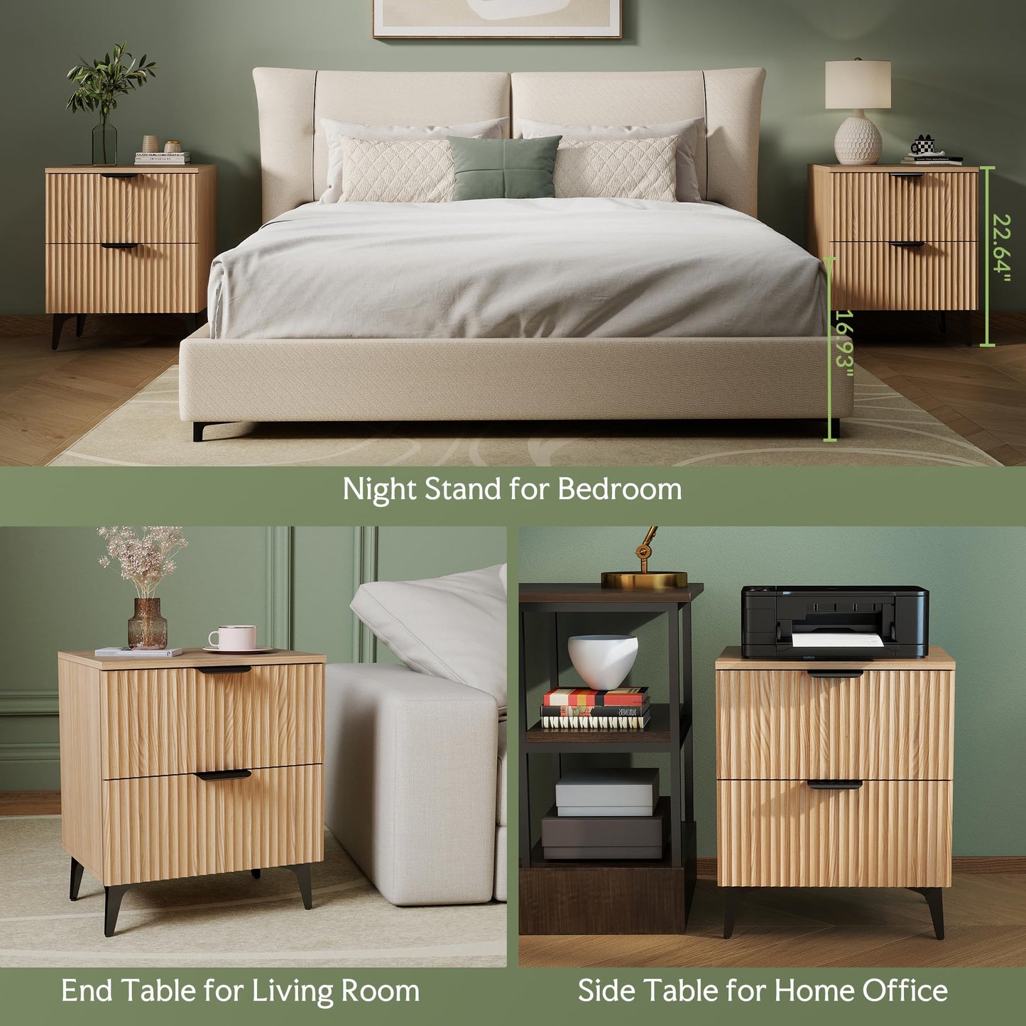 GRAINLLE Wood Night Stand Set 2 Fluted Dresser for Bedroom 2 Drawers End Tables Nightstands Set of 2, Storage Modern Bedside Table Set of 2, Oak Nightstand