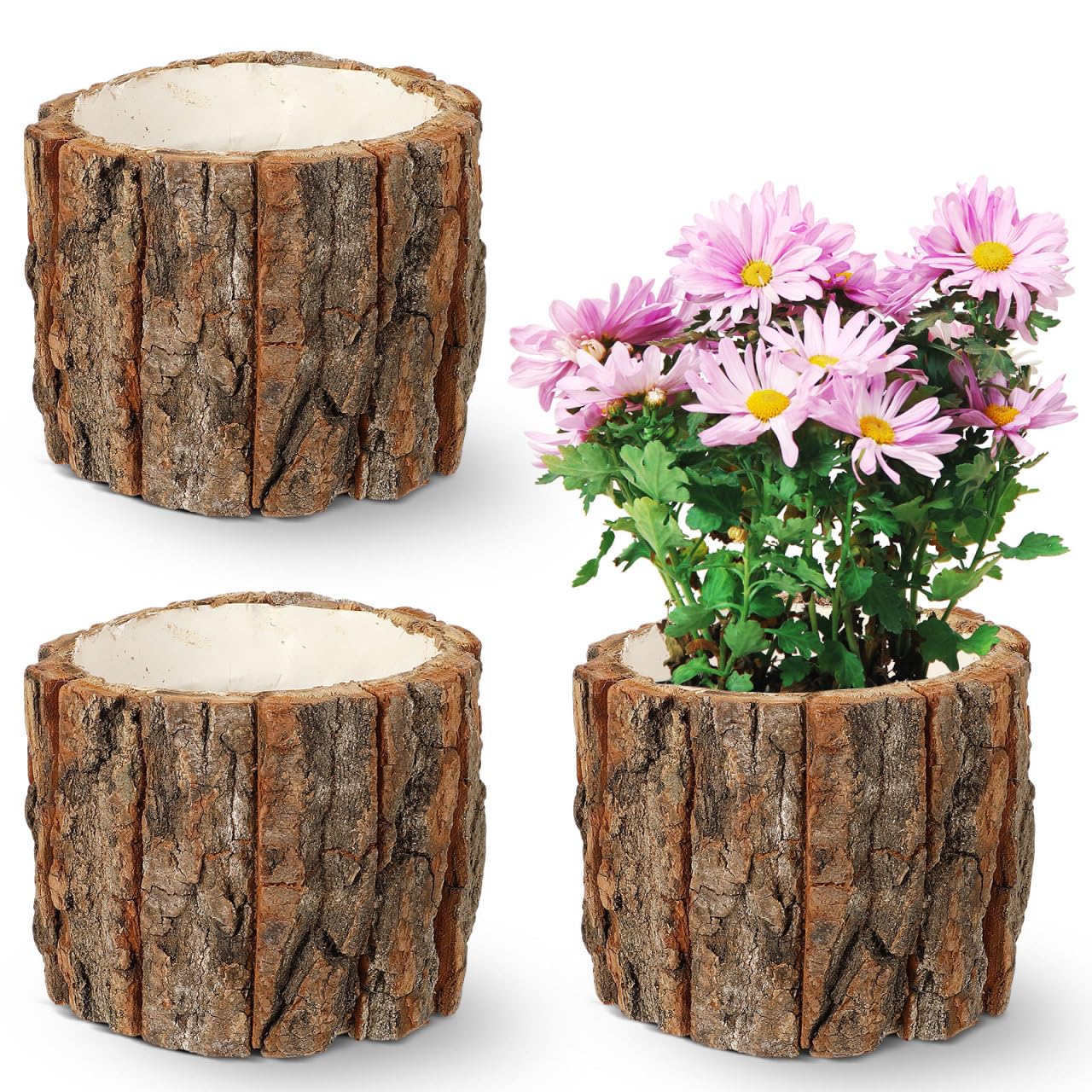 Garneck 3 Pcs Wooden Flower Pots Wood Bark Planters Rustic Tree Stump Containers: Small Natural Log Barrel Buckets for Indoor Outdoor Plants Succulents Home Garden Decor