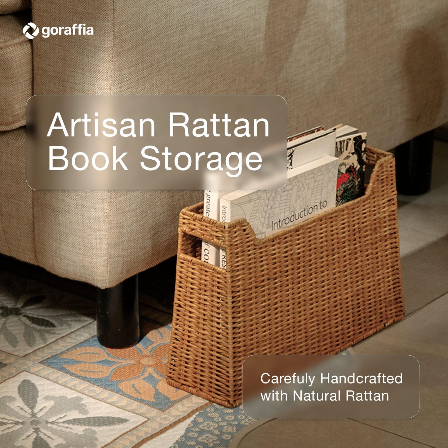 Goraffia Rattan Magazine Basket – Handwoven Book & Mail Organizer, 15.5" x 4.75" x 10" Floor Bin with Handles, Natural Sustainable Storage for Living Room, Entryway, Office (Natural Honey)