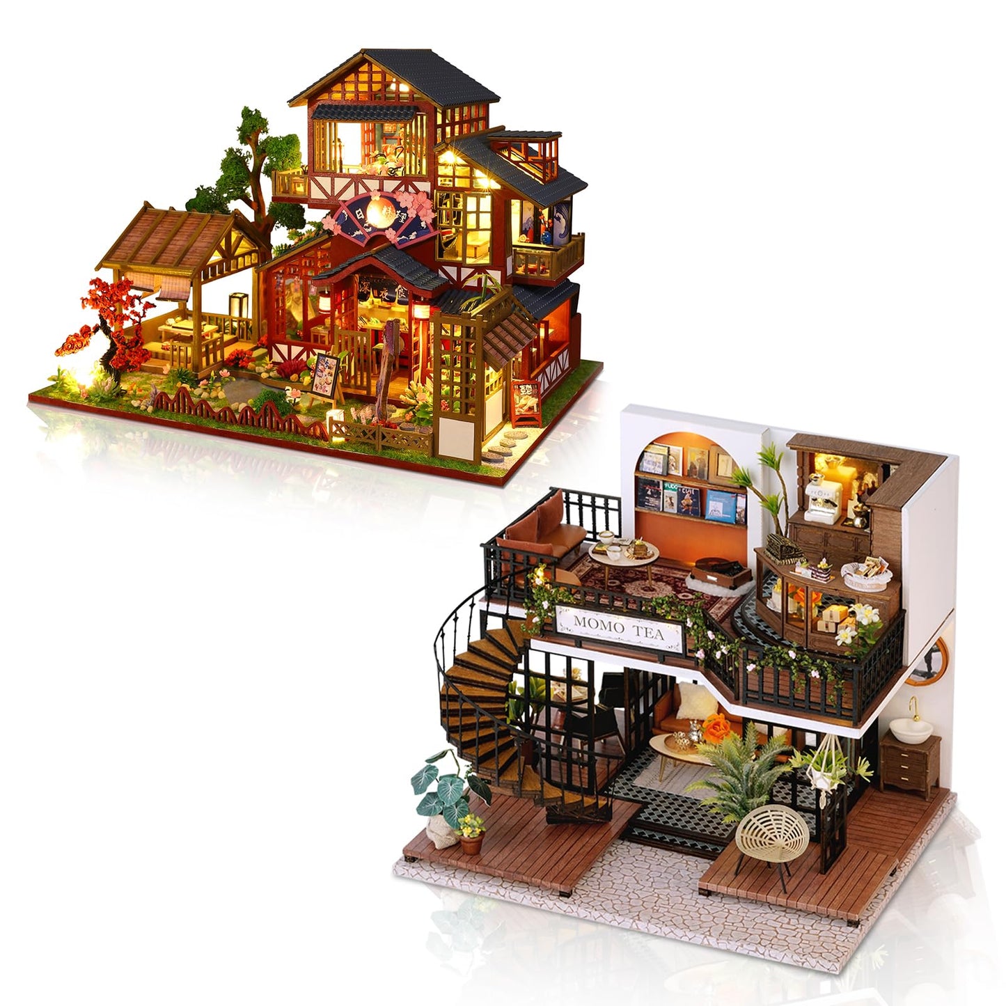 Hallisun DIY Miniature House Building Kits, Japanese Restaurant and Momo Tea House 3D Wooden Dollhouse Toys, Birthday Festival Gift for Teens Adults with Dustproof Covers
