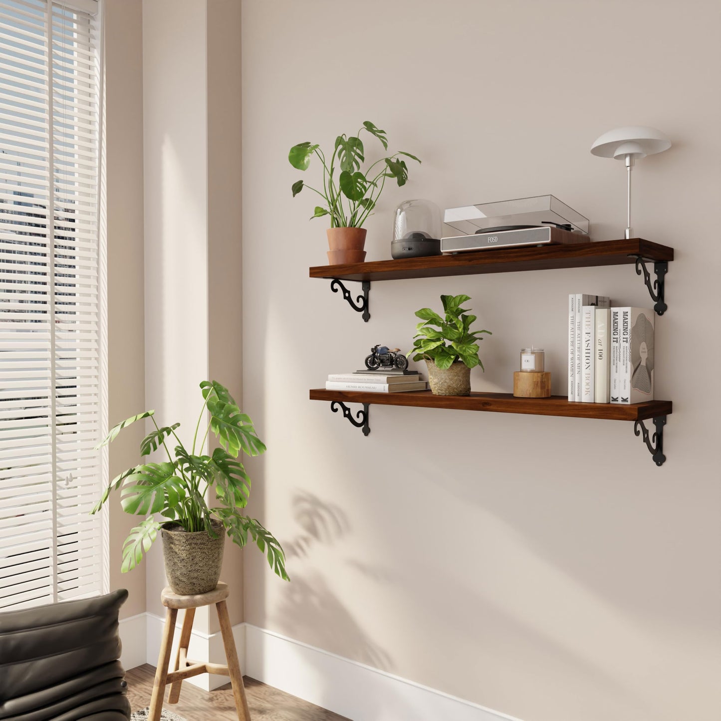 Teneyu Floating Shelves for Wall with Metal Brackets | 36-Inch Pine, Walnut 2-Pack