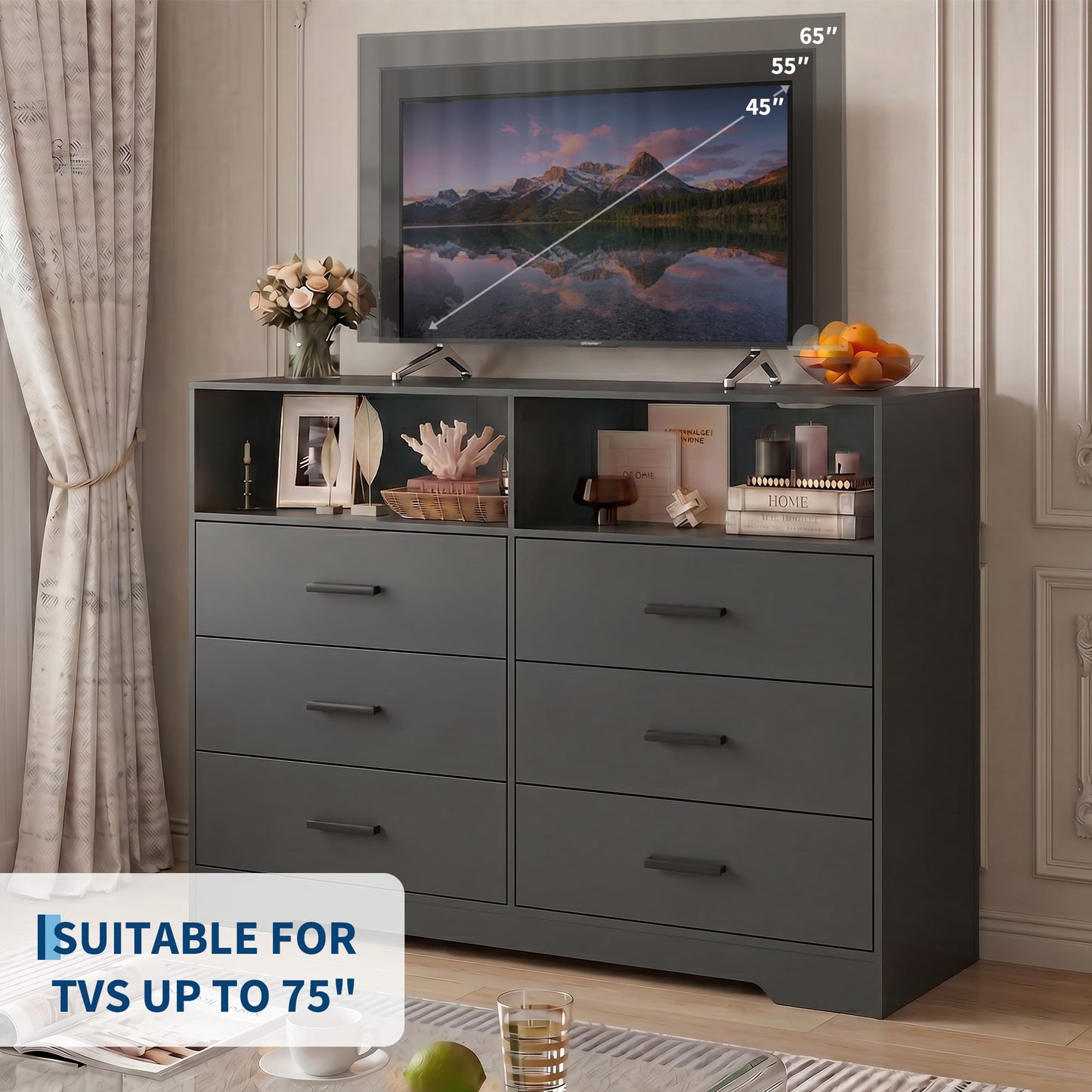 Garvee 6 Drawer Wooden Dressers for Bedroom with Charging Station & Open Shelf, 47" Wide Black Dresser, Wood Chest of Drawers with Deep Drawers, Modern TV Stand Storage Organizer for Living Room, Dorm