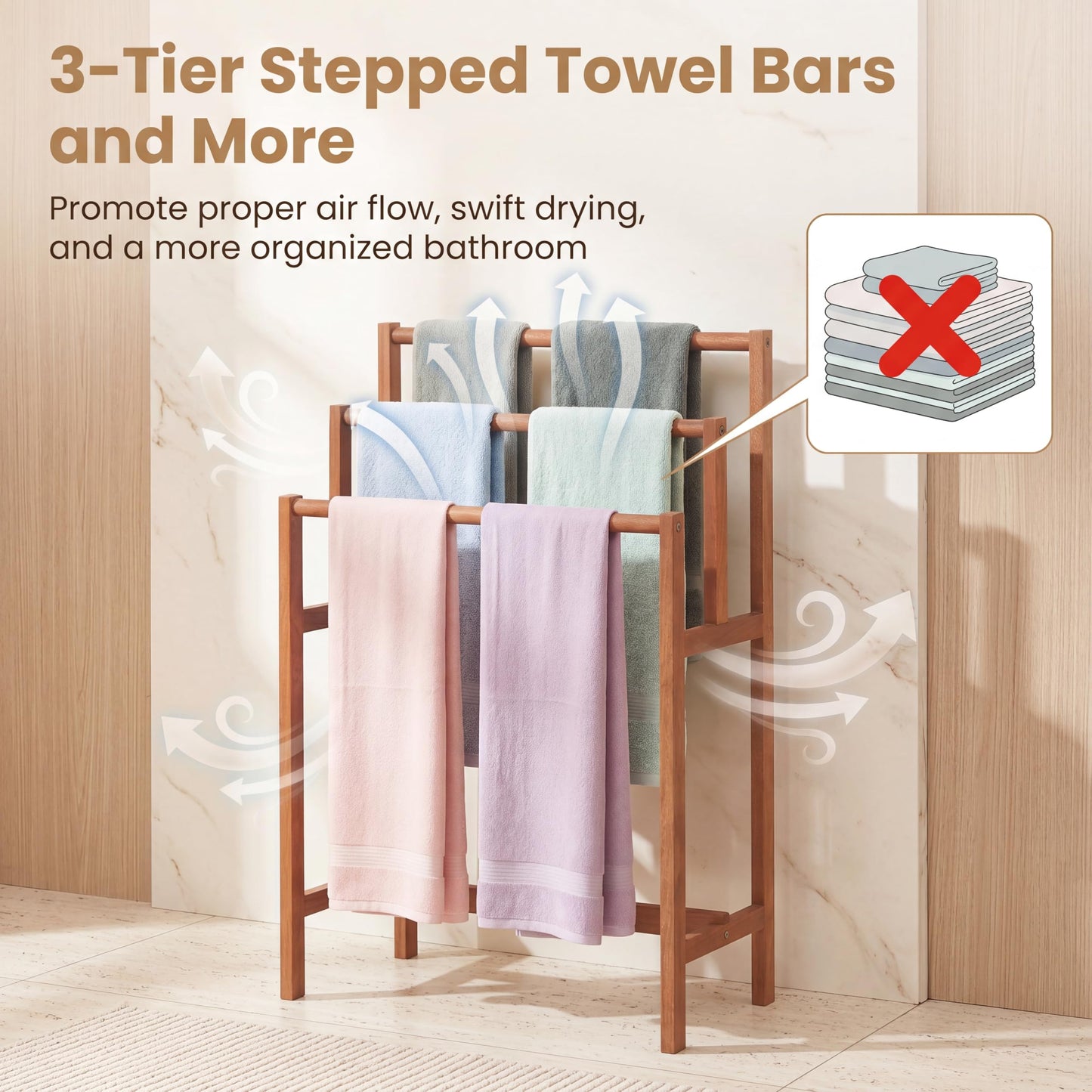 HOMGX Towel Rack & Drying Stand, Freestanding Wooden | 3-Tier Wooden Towel Holder | Sturdy Bathroom Drying Rack | Teak Oil Finish | Compact Vertical Storage | Poolside & Outdoor Use