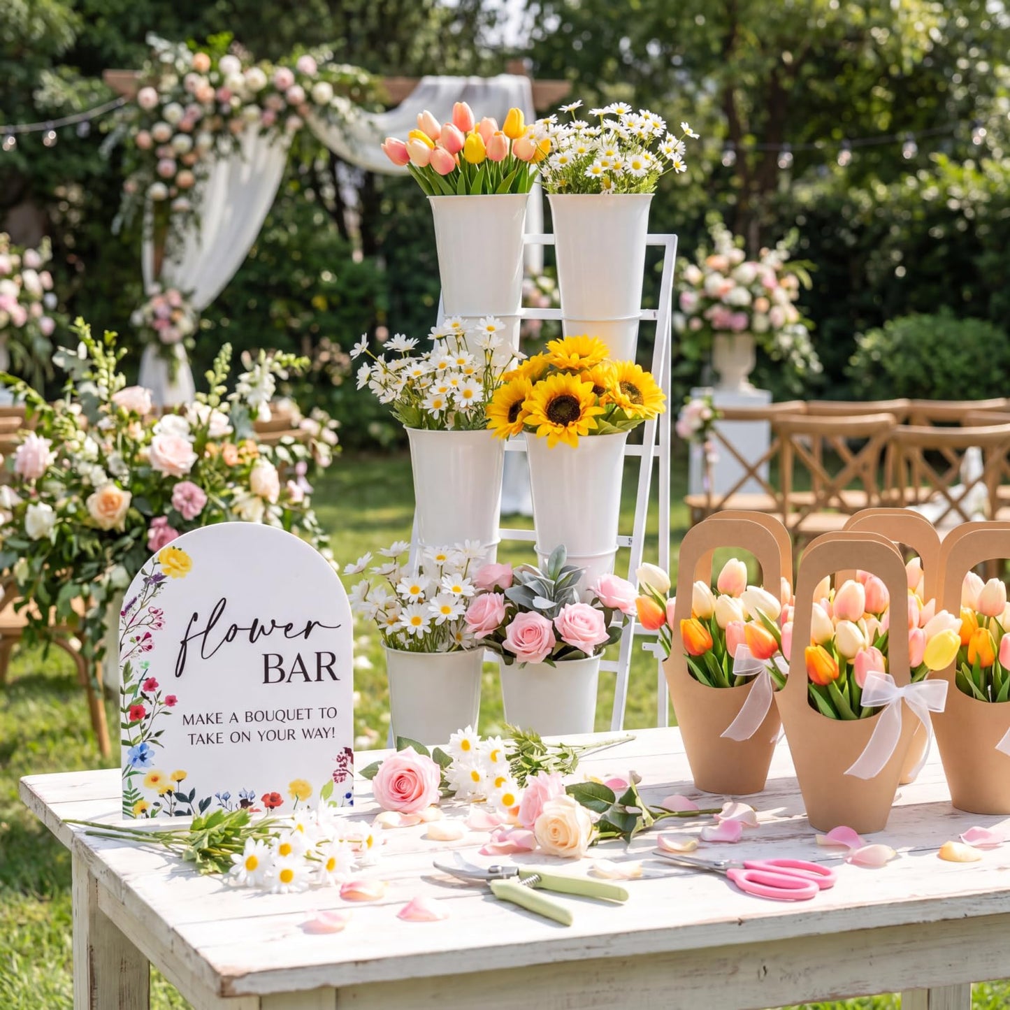 Ninehaoou 43 Pcs Flower Bar Buckets Kit Bloom Bar Supplies Flower Display Stand with 6 Bucket 1 Wood Sign 4 Scissors 30 Bouquet Wrapping Bags for Fresh off The Market Wedding Bridal Baby Shower(Small)