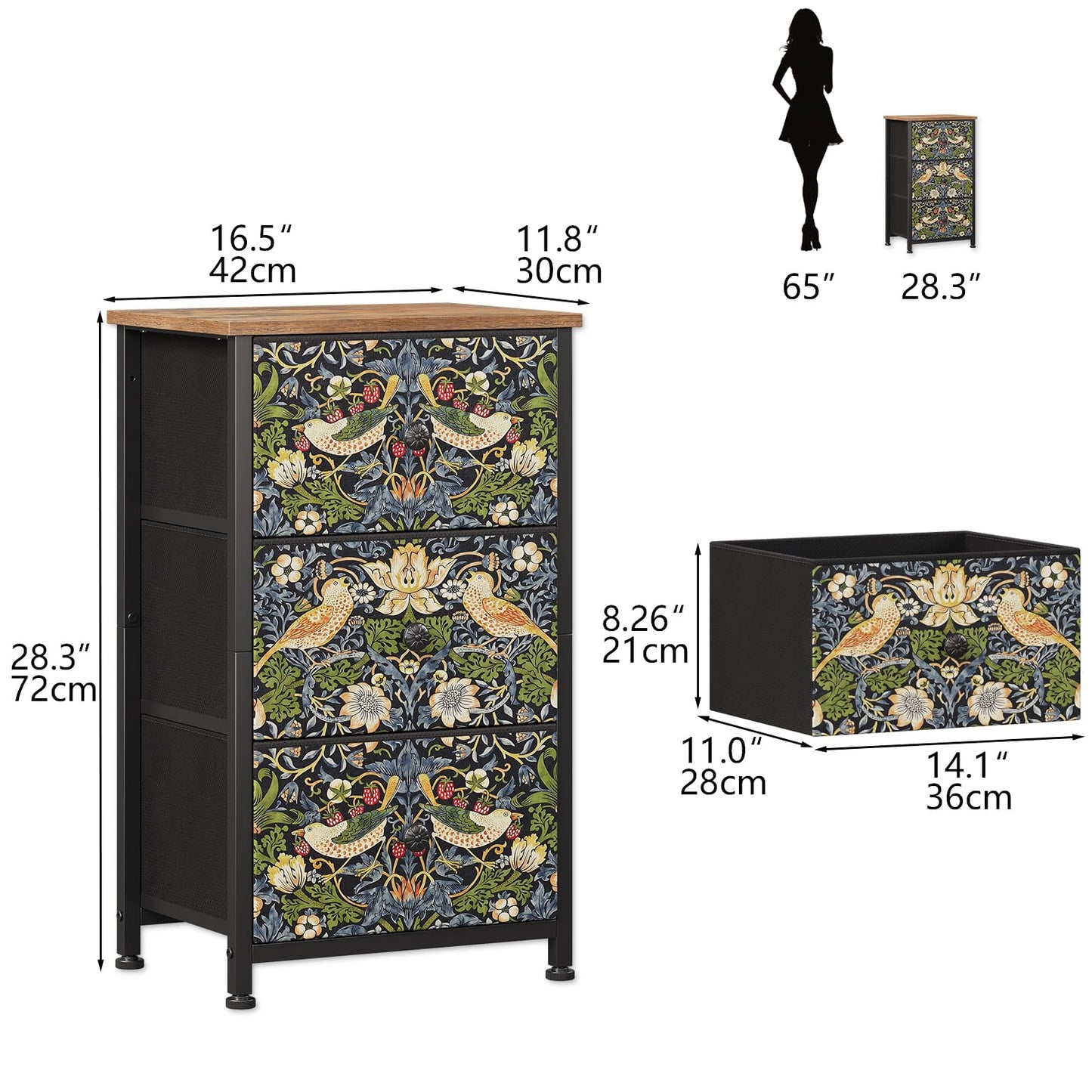 Welfuturer Dresser with 3 Drawers Strawberry Thief Drawer Dresser for Bedroom Vintage Nightstand Small Dressers & Chests of Drawer for Halfway Entryway Living Room Sturdy Steel Frame Wood Top, Brown