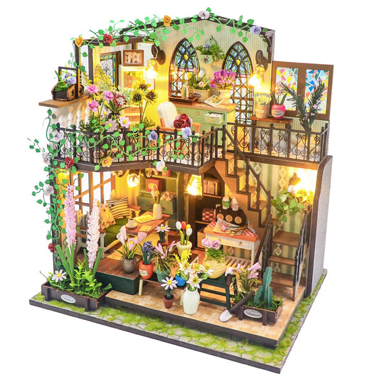 DIY Miniature House Kit, DIY Wooden Garden House with LED Light, Mini House Building Kit with Furniture for Adult Teen, DIY Adult Crafts for Home Decoration, Birthday Gifts for Family, Friends