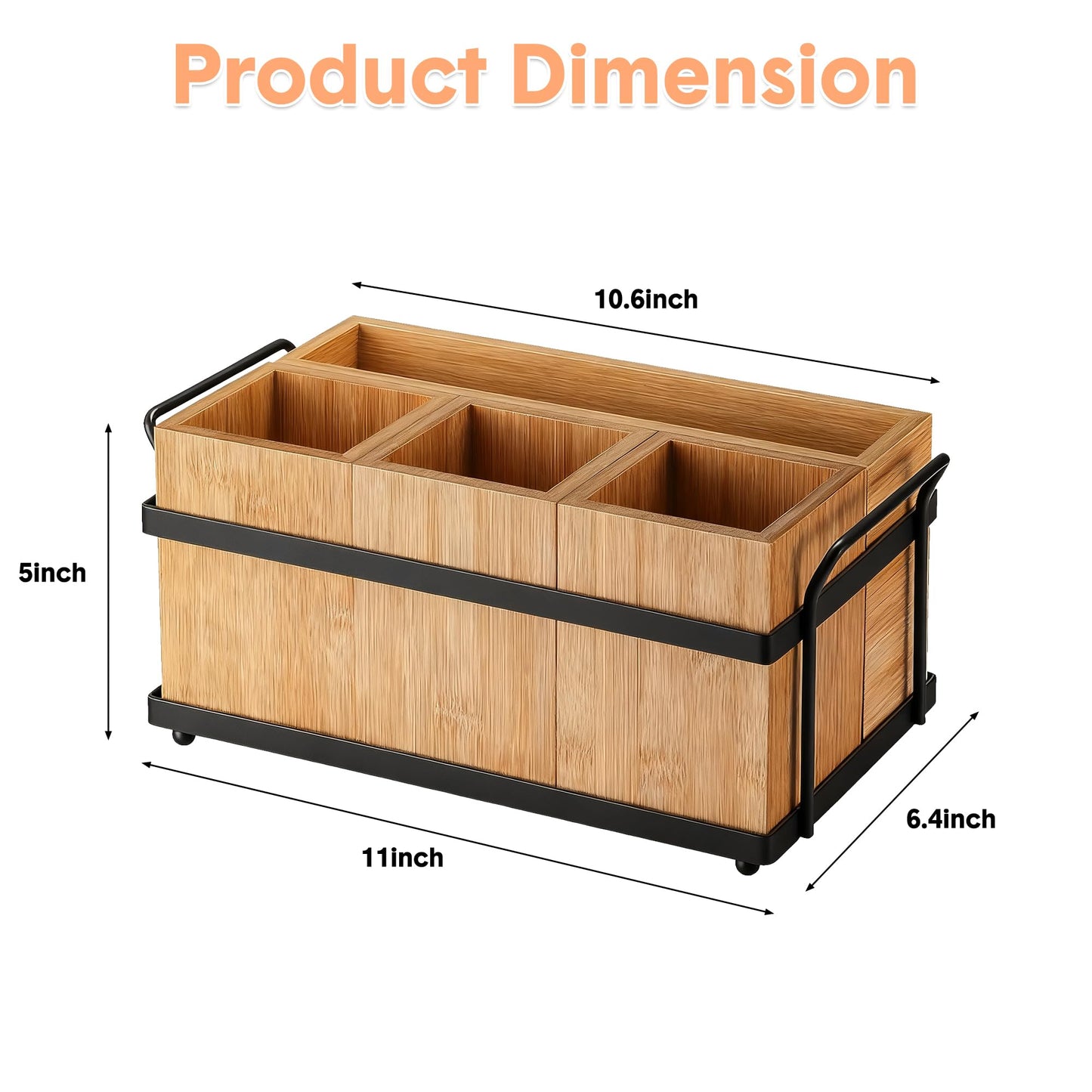 Garvee Bamboo Utensil Holder for Party, Wooden Flatware Silverware Caddy with 4 Detachable Compartments & Metal Tray, Cutlery Holder Organizer for Kitchen Camping Picnic Buffet