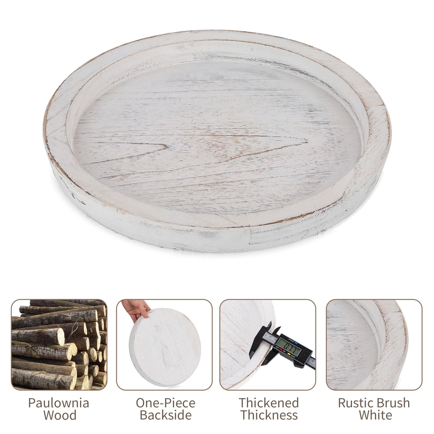 Hanobe Rustic Wooden Serving Tray: Round Wood Decorative Tray Rustic White Set of 2 Centerpiece Candle Holder Trays Farmhouse Ottoman Tray for Kitchen Counter Home Decor for Coffee Table