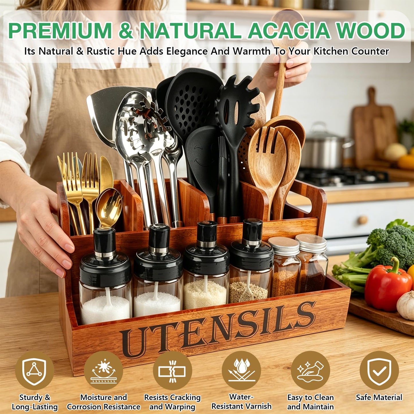 TREWAVE Wooden Utensil Holder for Kitchen Countertop, Large Acacia Wood Kitchen Utensil Organizer with 4 Compartments, Farmhouse Silverware Caddy for Spatula, Ladle & Cooking Tools