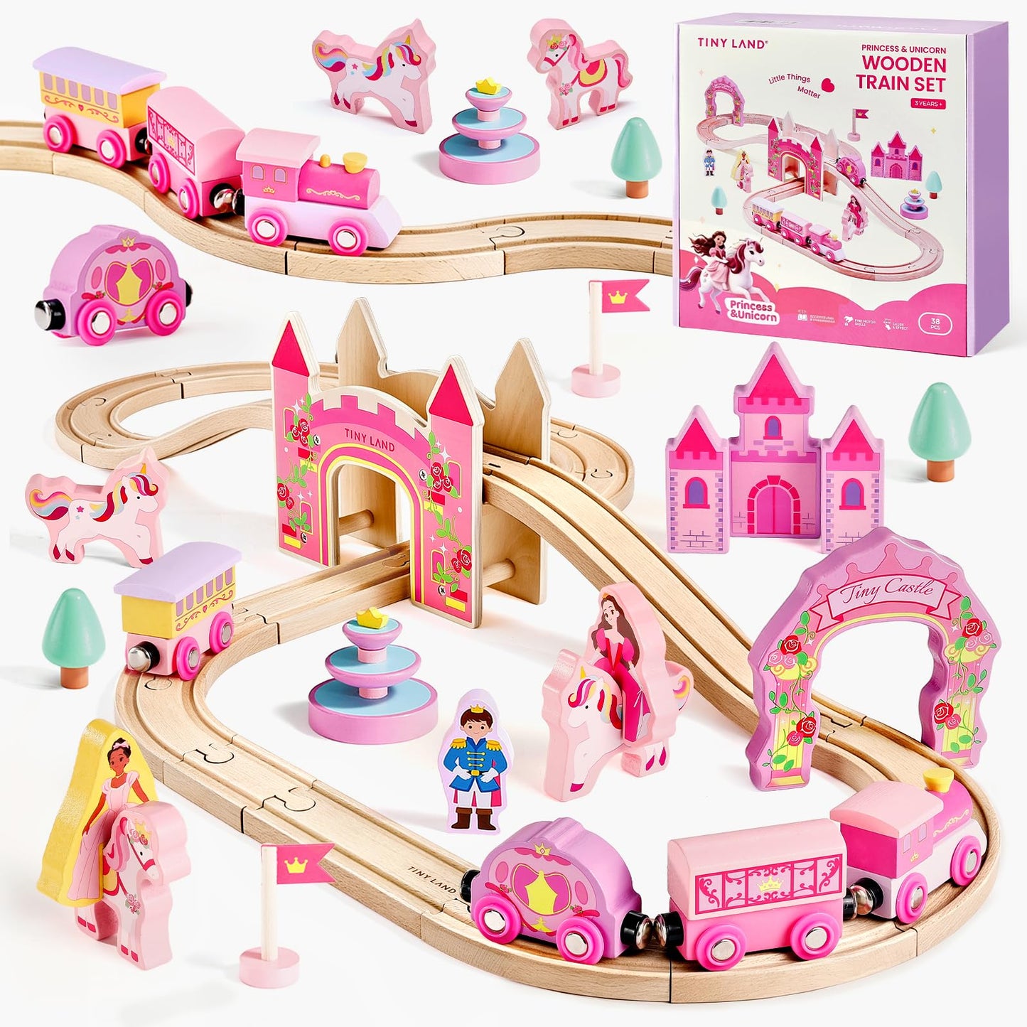 Tiny Land Wooden Train Set for Girls, 38PCS Unicorn Princess Train Set with Castle Bridge & Royal Accessories, Pink Fantasy Train Track Set, Gift for Toddlers Girl Toys Ages 3+