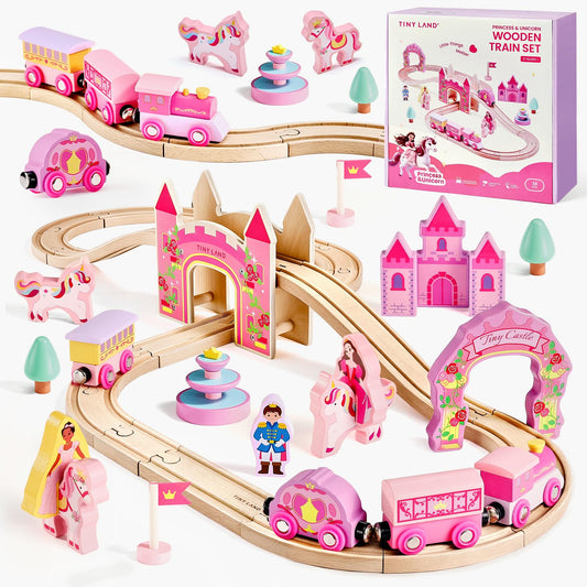 Tiny Land Wooden Train Set for Girls, 38PCS Unicorn Princess Train Set with Castle Bridge & Royal Accessories, Pink Fantasy Train Track Set, Gift for Toddlers Girl Toys Ages 3+