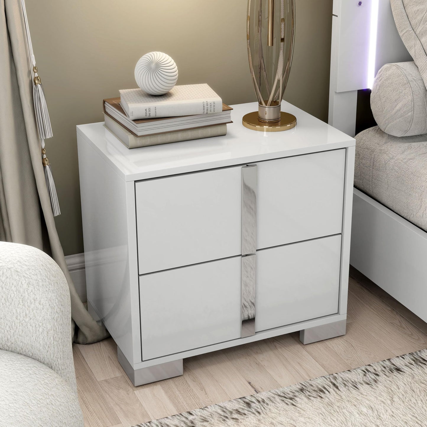 Furniture of America Alistair Modern Wood Nightstand with 2 Drawers and Vertical Chrome Handles, Large Bedside Table, Wooden Night Stand for Bedroom, Guest Room, Dorm, No Assembly Needed, White