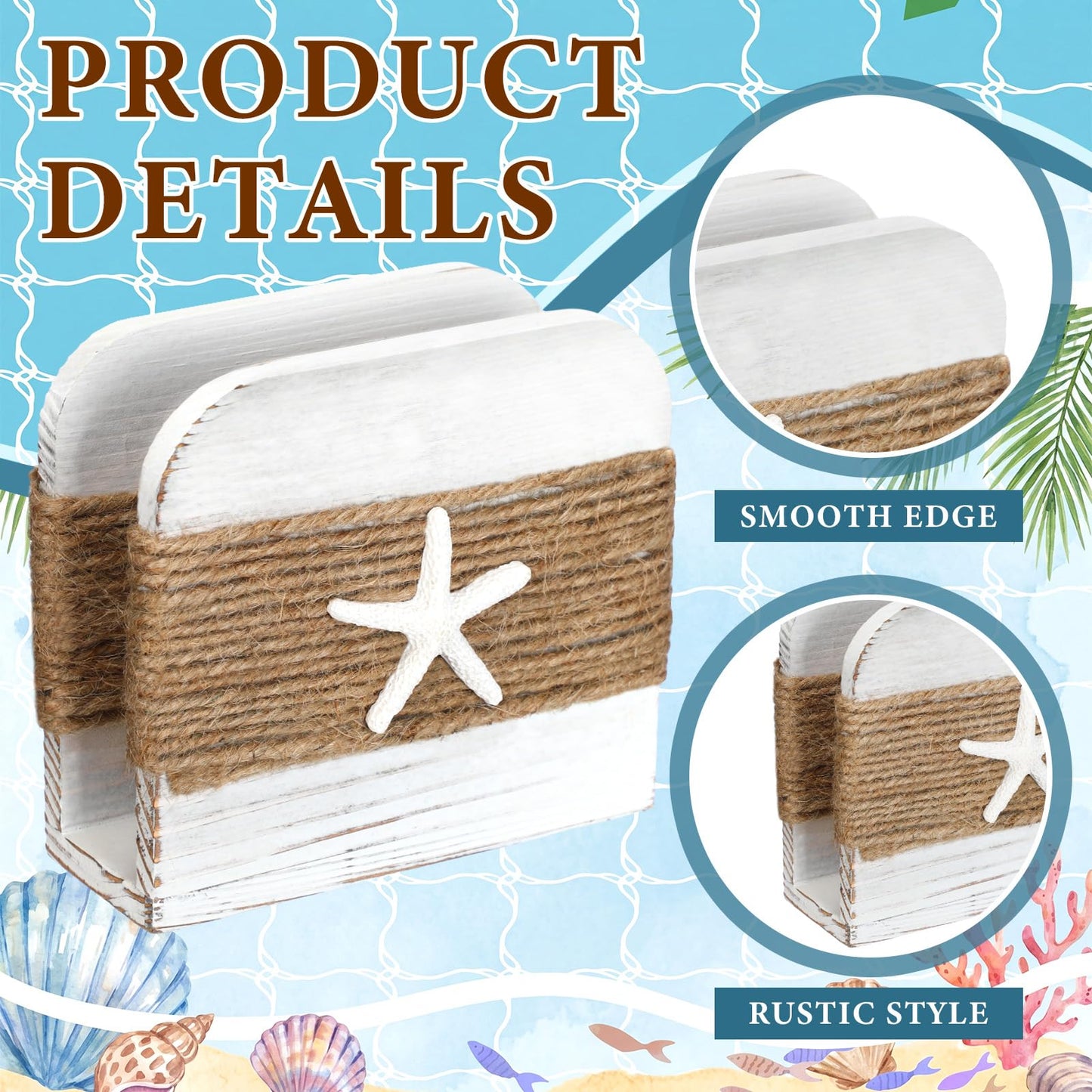 Ferrochef 2 Pack Coastal Natural Napkin Holder for Table, Beach Theme White Wooden Napkin Holders Tissue Dispenser for Table Kitchen Dining Coastal Room Home Decor