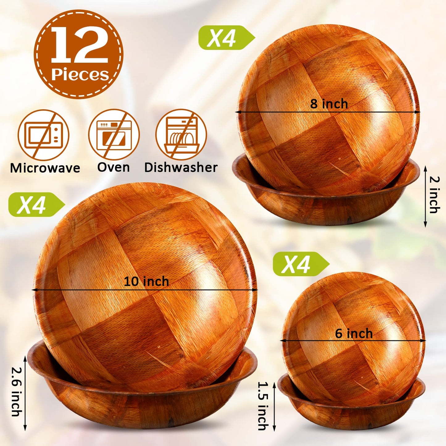 Didaey 12 Pcs Wooden Salad Bowl Set Wooden Bowls for Snack Wood Stackable Round Serving Woven Bowl for Kitchen Meal Party and Salad Fruit Vegetable Snack, 6/8/10 Inch