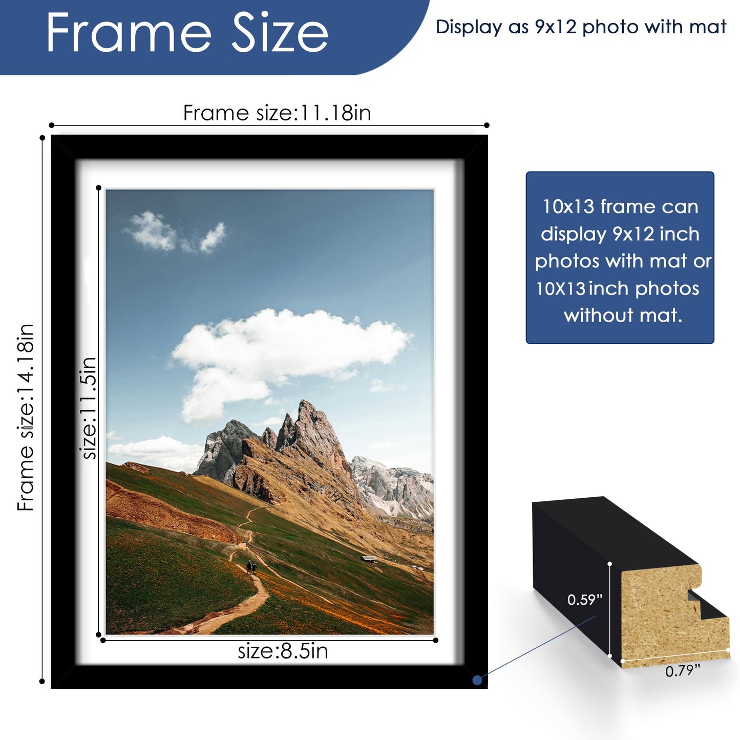 PEALSN 10x13 Picture Frames Set of 6, Display Pictures 9x12 with Mat or 10x13 without Mat for Wall Mounting or Table Top, Photo Frames Collage for Wall Decor, Black.