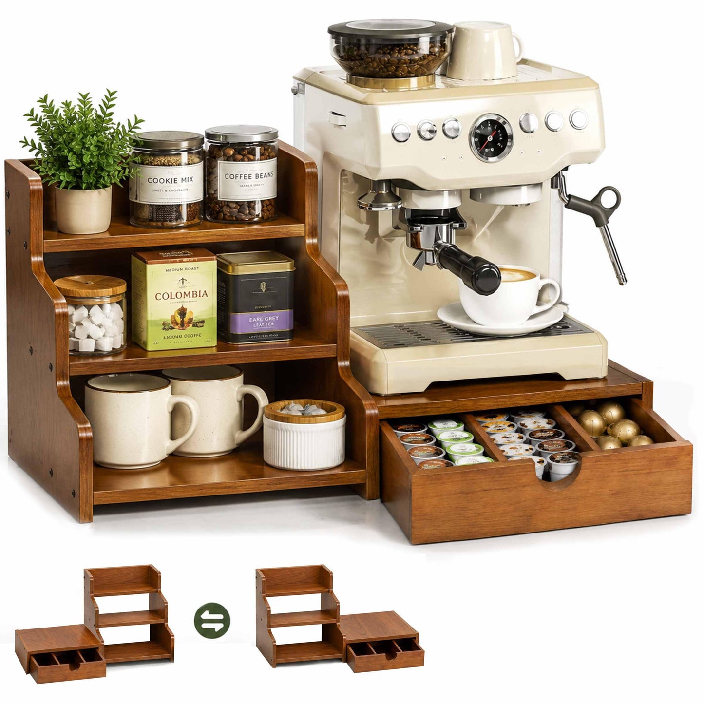 Coffee Station Organizer with K Cup Holder Drawer for Countertop, Coffee Tea Bar Accessories Office Corner Stand Station, 28 Pods Holder Drawer 3-Tier Trapezoidal Wooden Syrup Organizer Rack