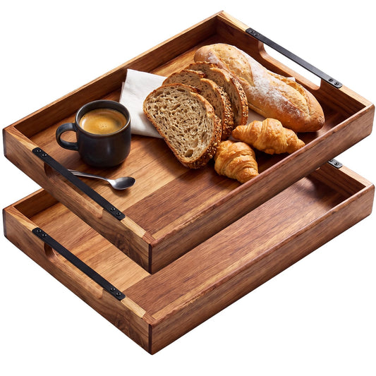 Sliner 2 Pcs Acacia Wood Serving Tray with Metal Handles, 17x13 Inch Large Ottoman Trays for Coffee Table, Breakfast in Bed, Dinner, Bar Serving, Farmhouse Decorative Storage Tray for Ottoman, Kitchen