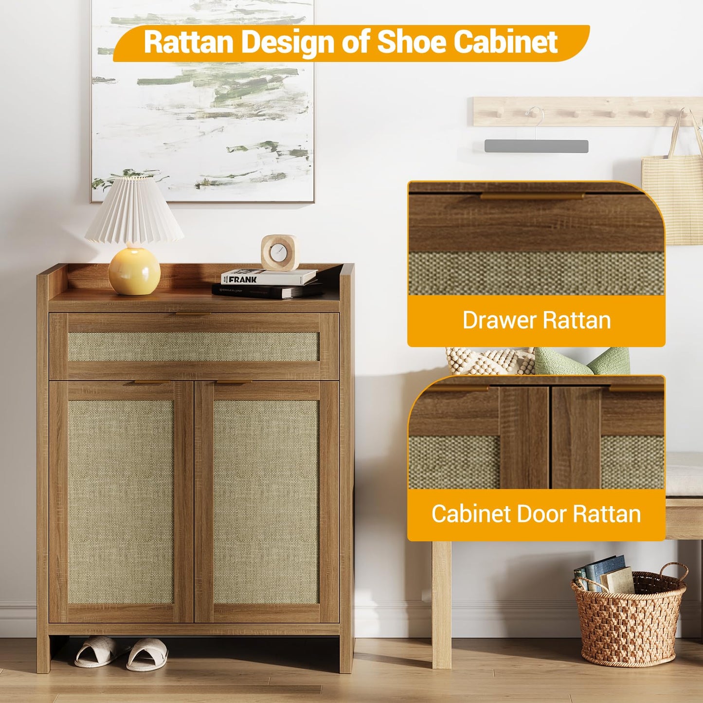 Garvee Boho Shoe Cabinet, 32 in Rattan Shoe Organizer with Doors and Drawer, Coffee Bar Cabinet with Adjustable Shelf, Wooden Accent Console Table for Entryway/Living Room/Closet/Entryway(Brown)